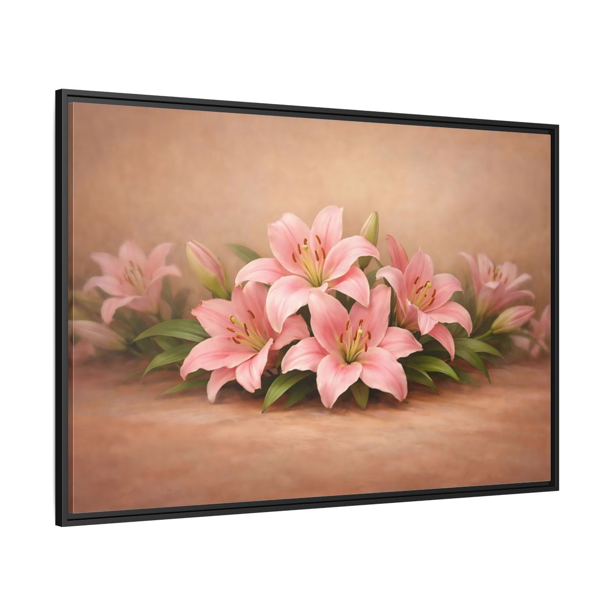 Side Mockup 12. Floral Pink Lilies Pink Lilies shown as stretched canvas wall art