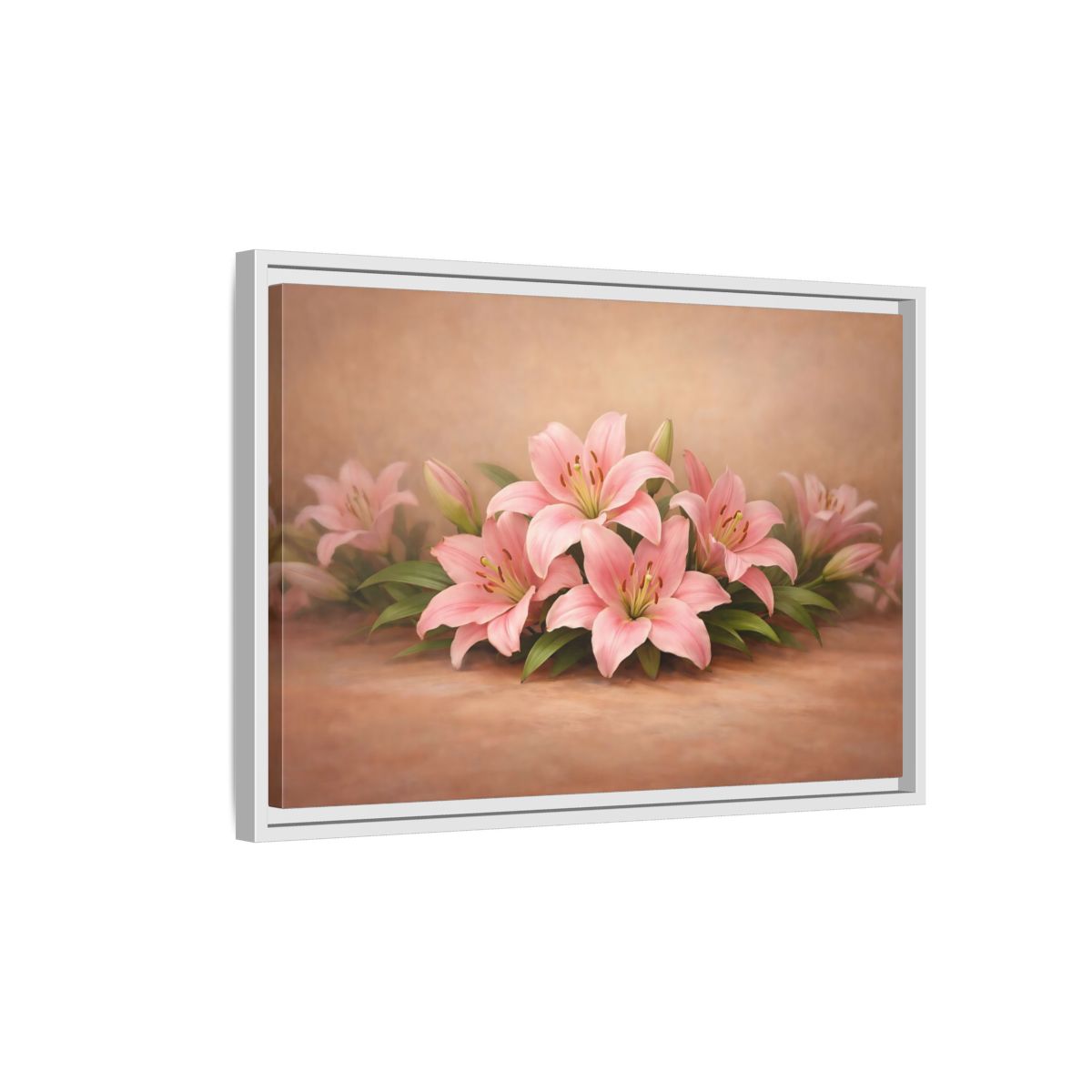 Side Mockup 1. Floral Pink Lilies Pink Lilies shown as stretched canvas wall art
