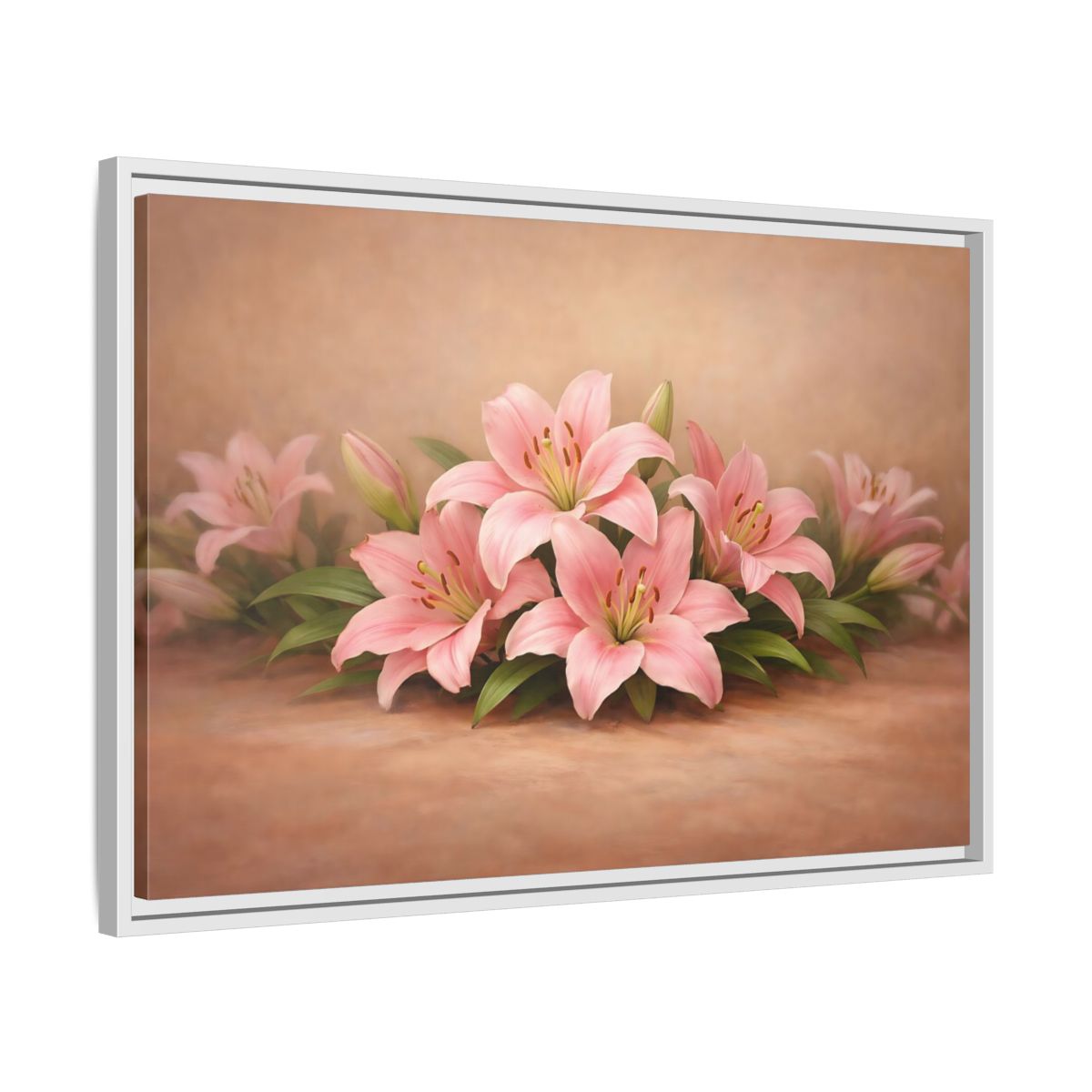 Side Mockup 10. Floral Pink Lilies Pink Lilies shown as stretched canvas wall art
