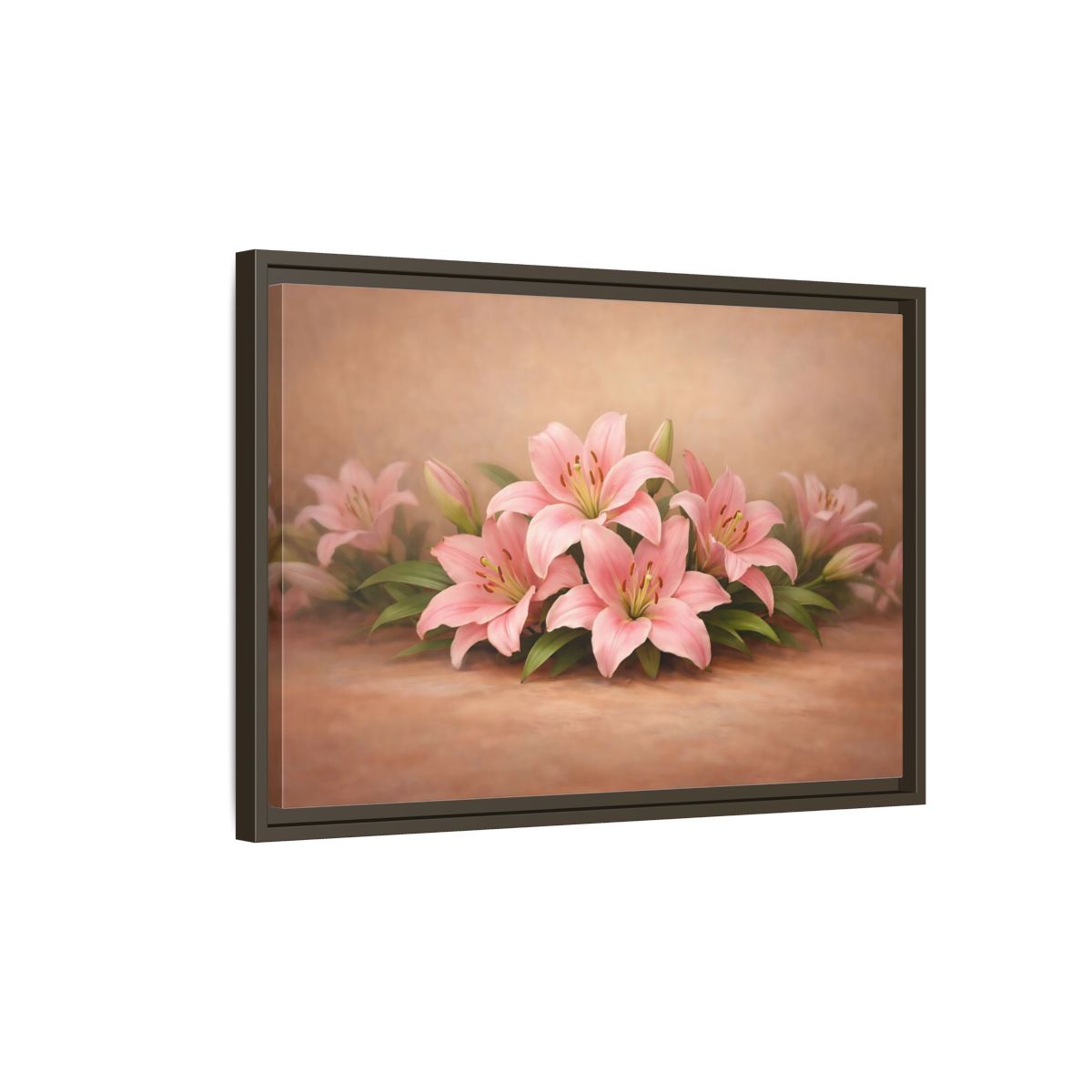 Side Mockup 2. Floral Pink Lilies Pink Lilies shown as stretched canvas wall art