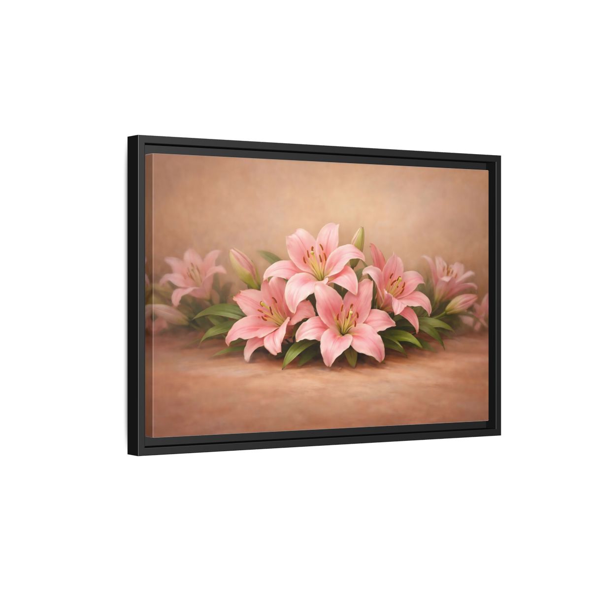 Side Mockup 3. Floral Pink Lilies Pink Lilies shown as stretched canvas wall art