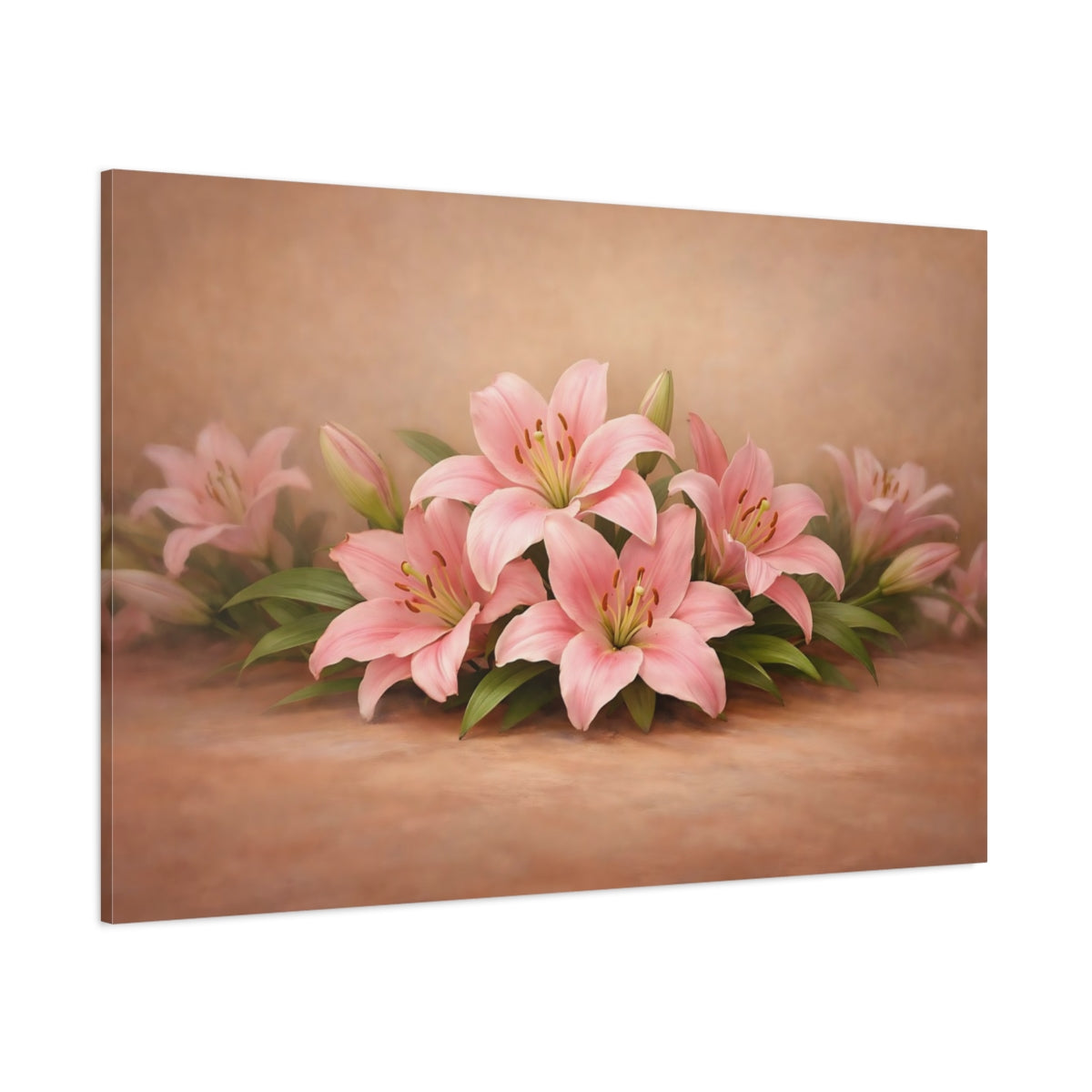 Main Mockup. Floral Pink Lilies Pink And Brown shown as stretched canvas wall art