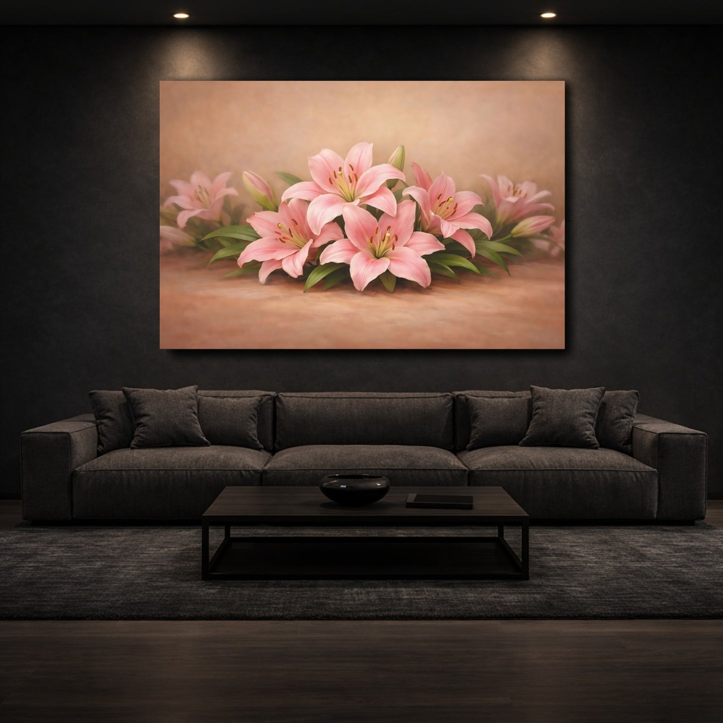 Mockup 2. Floral Pink Lilies Pink And Brown shown as stretched canvas wall art