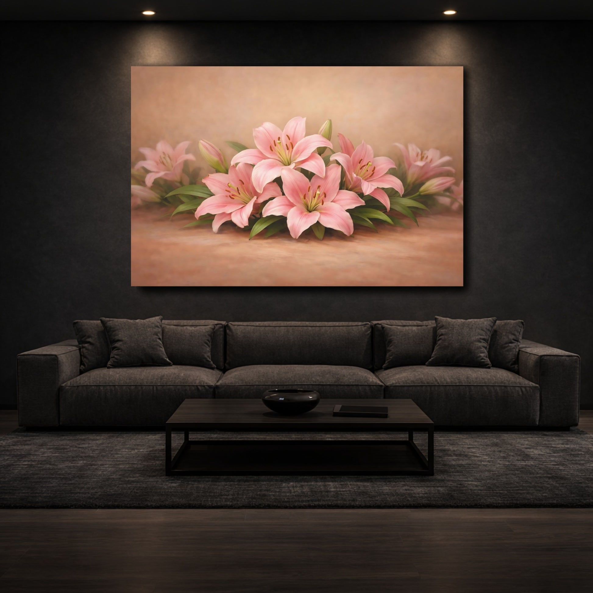 Mockup 2. Floral Pink Lilies Pink And Brown shown as stretched canvas wall art