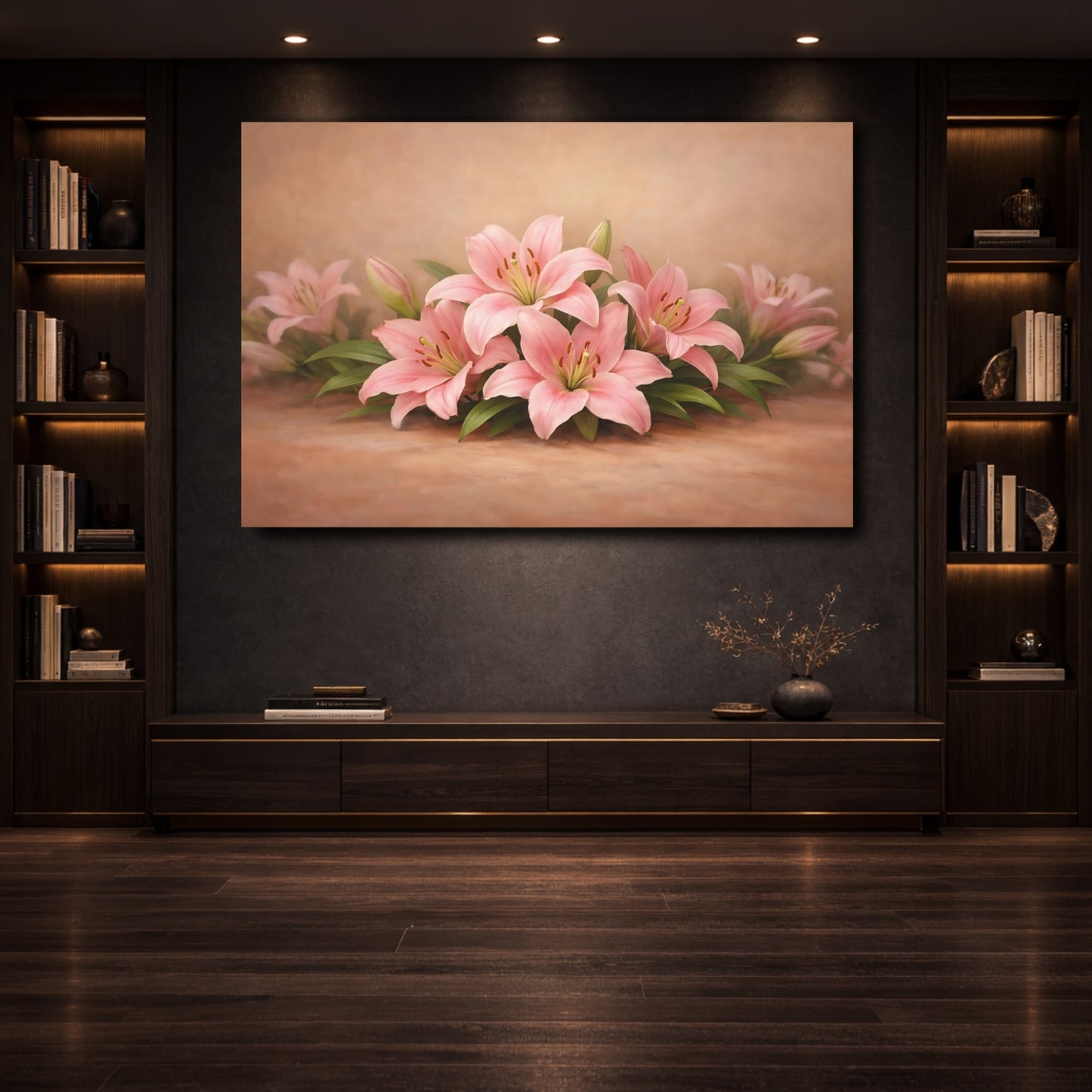 Mockup 3. Floral Pink Lilies Pink And Brown shown as stretched canvas wall art