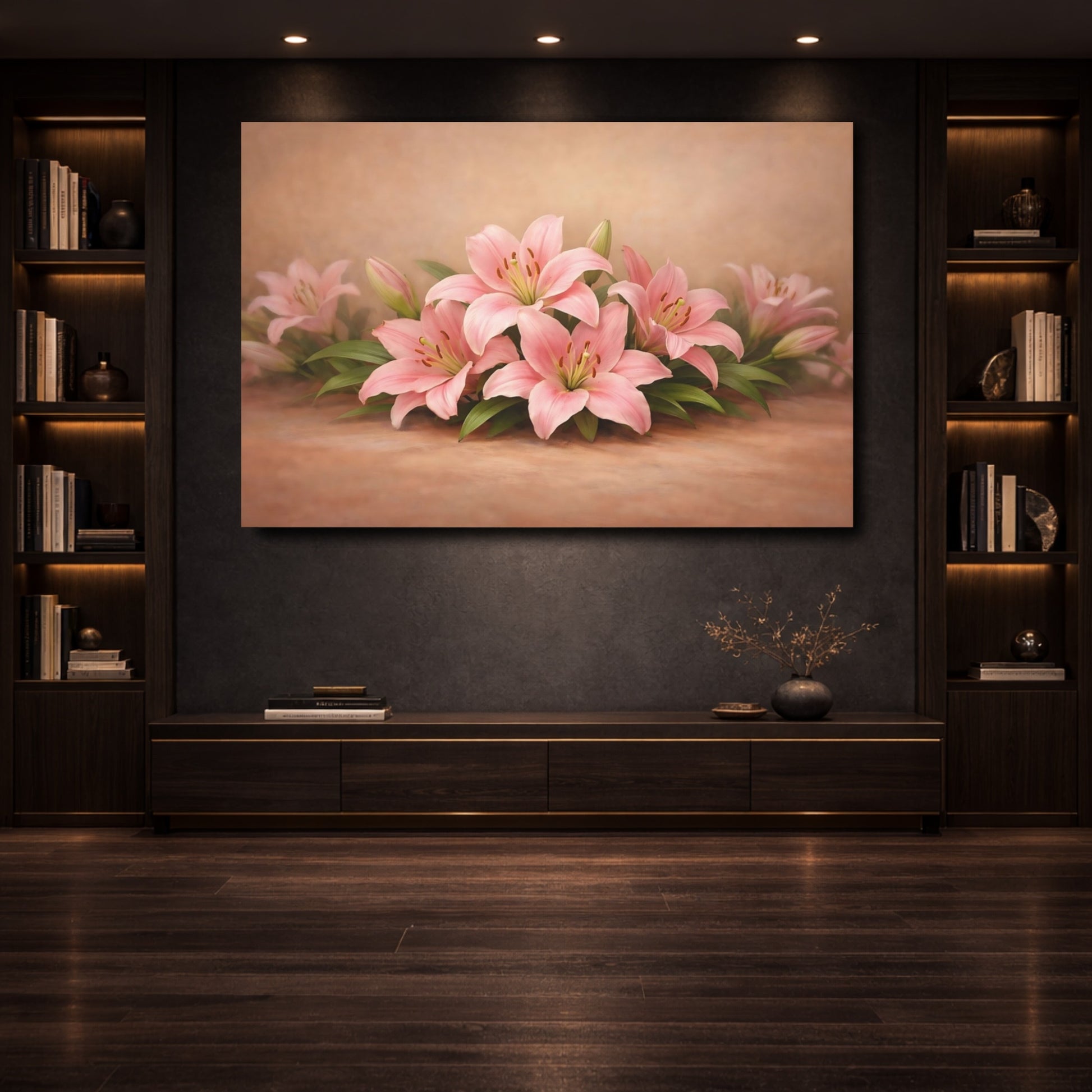 Mockup 3. Floral Pink Lilies Pink And Brown shown as stretched canvas wall art