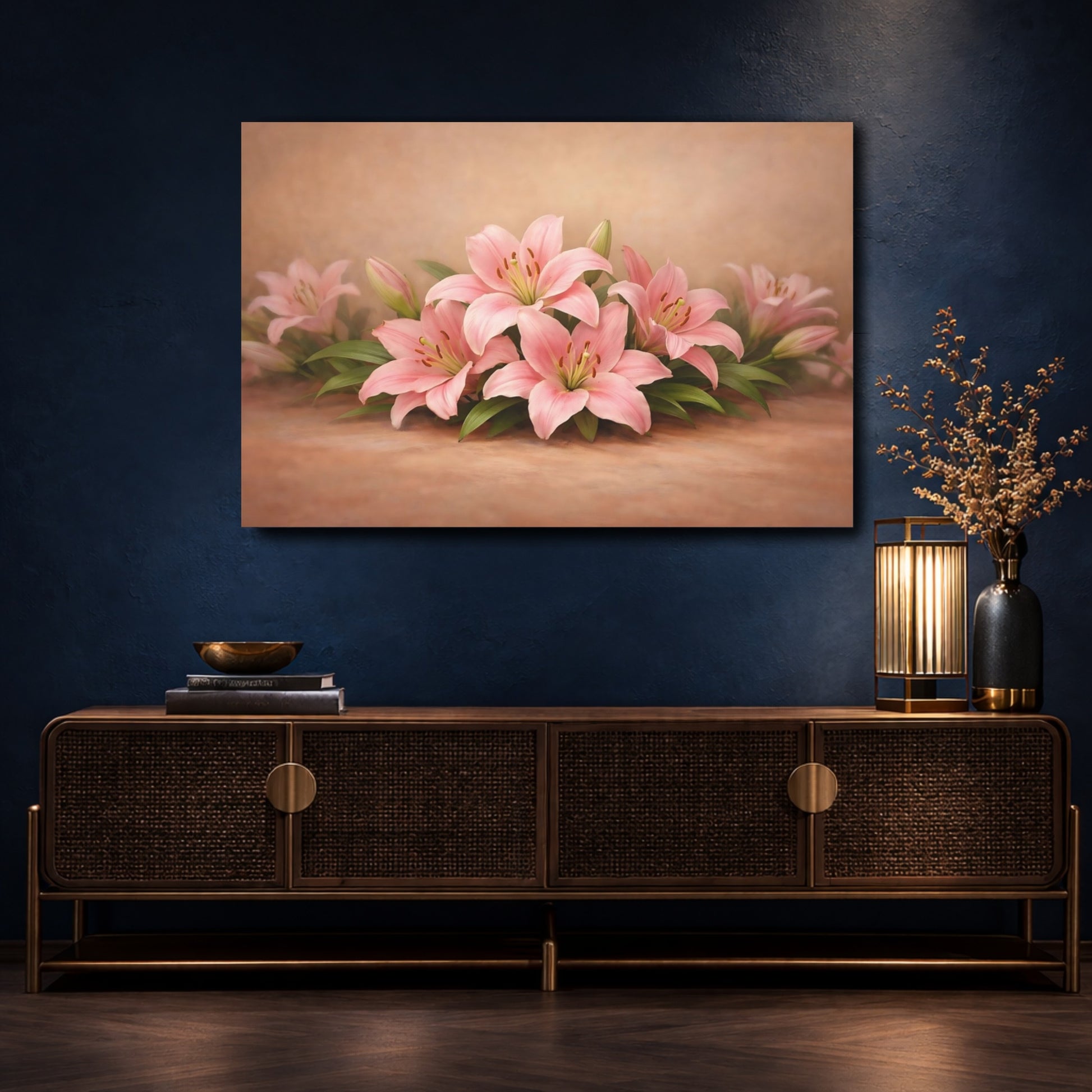 Mockup 4. Floral Pink Lilies Pink And Brown shown as stretched canvas wall art