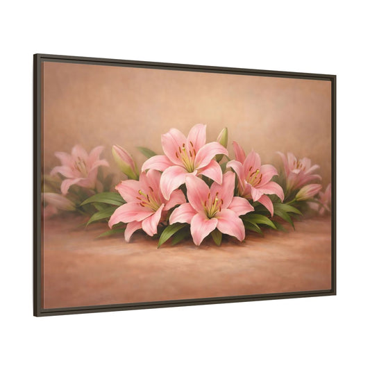 Main Mockup. Floral Pink Lilies Pink Lilies shown as stretched canvas wall art