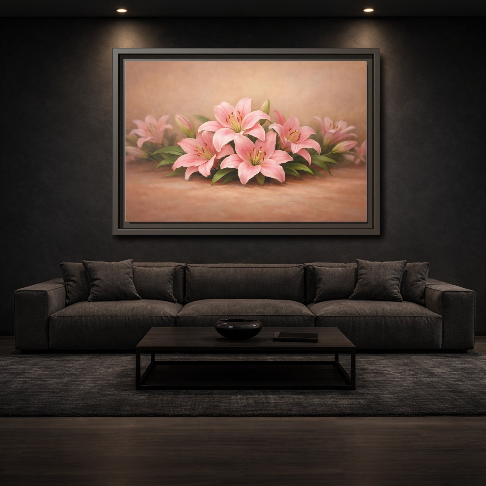 Mockup 2. Floral Pink Lilies Pink Lilies shown as stretched canvas wall art