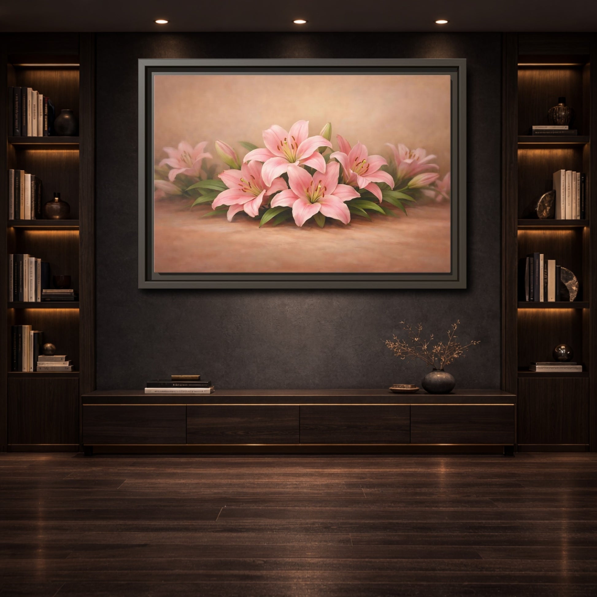 Mockup 3. Floral Pink Lilies Pink Lilies shown as stretched canvas wall art