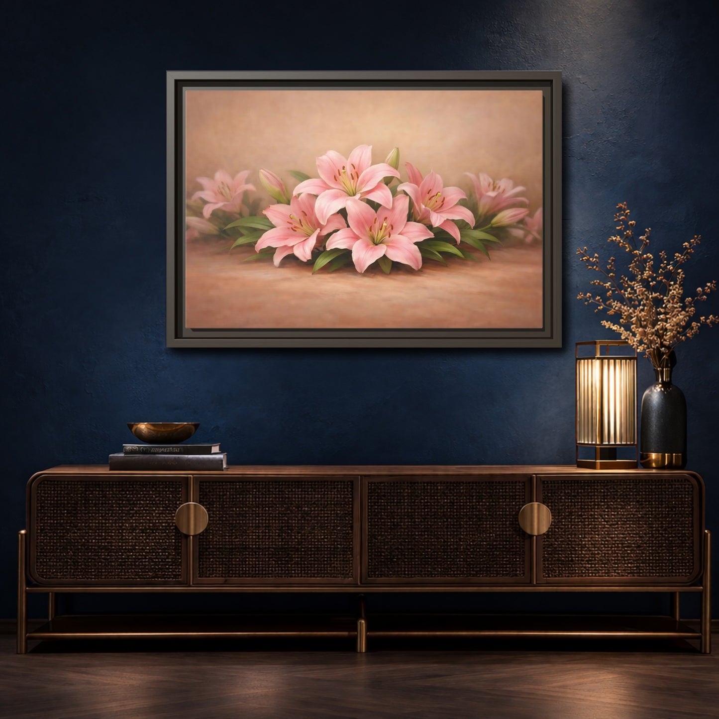 Mockup 4. Floral Pink Lilies Pink Lilies shown as stretched canvas wall art