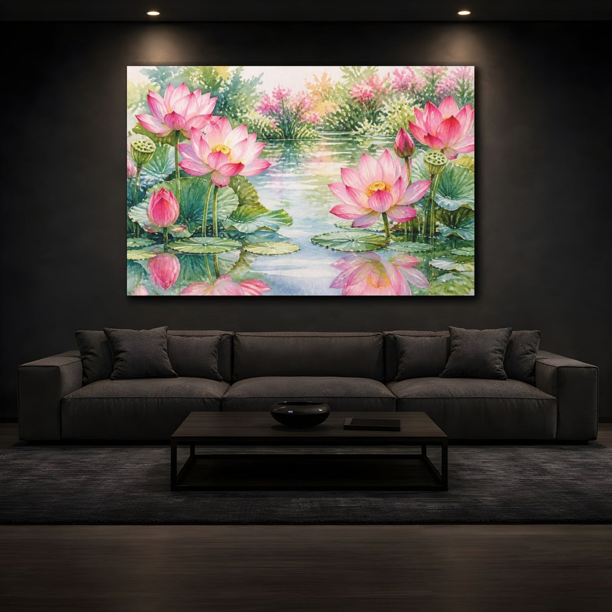 Floral Pink Lotus Reflection Canvas Print – Living Room, Above Couch, Green - YesArtYes