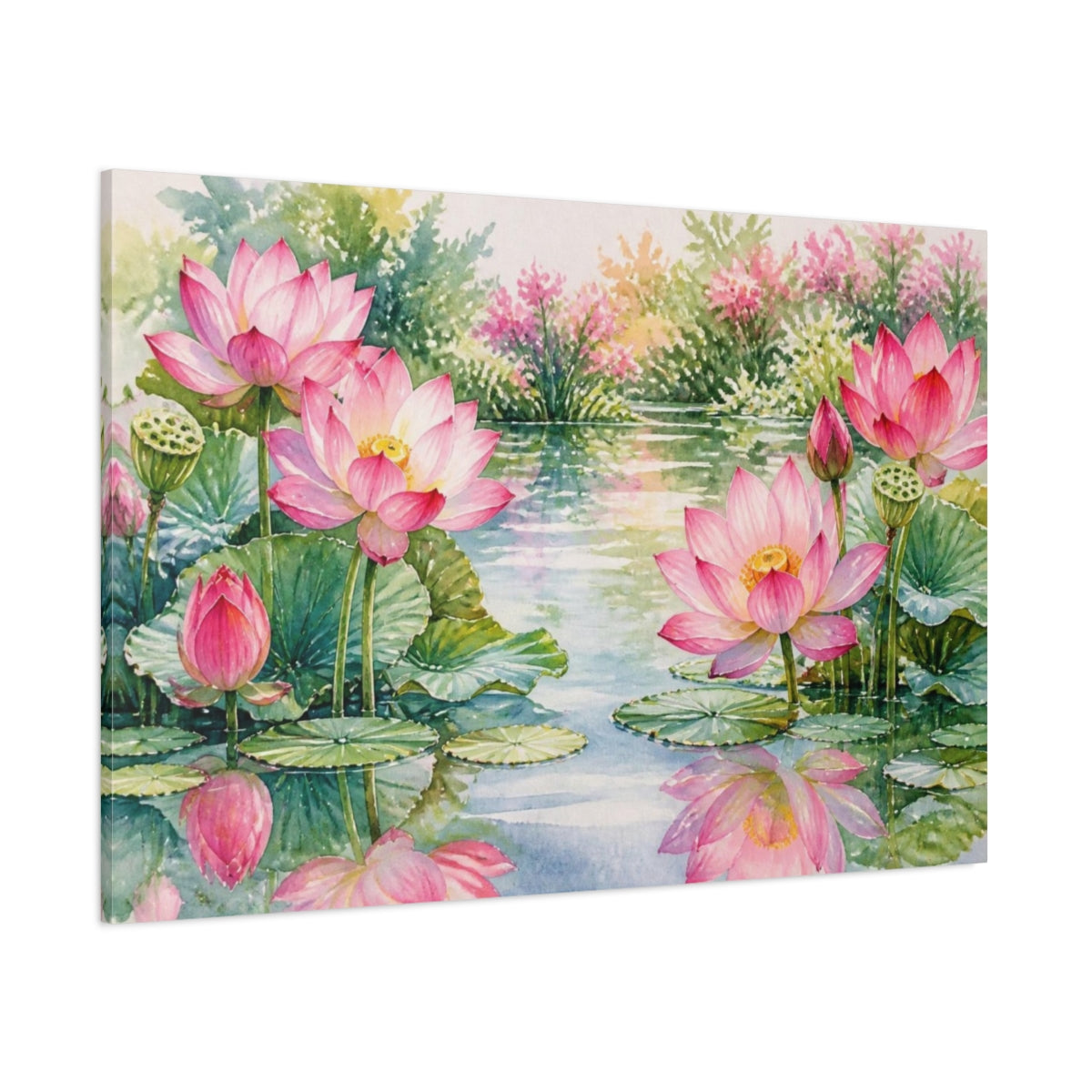 Side Mockup 1. Floral Pink Lotus Reflection shown as canvas print