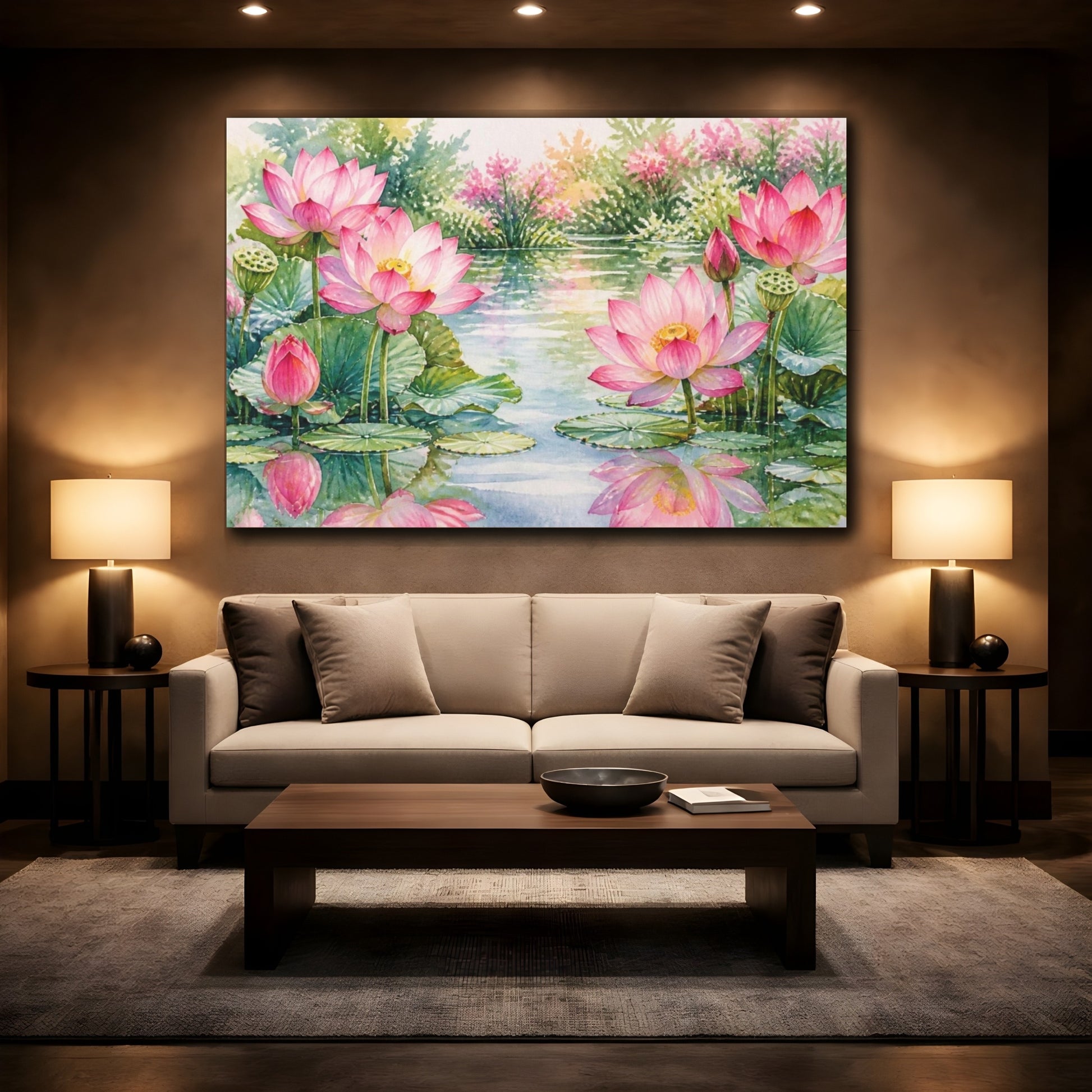Mockup 2. Floral Pink Lotus Reflection shown as canvas print