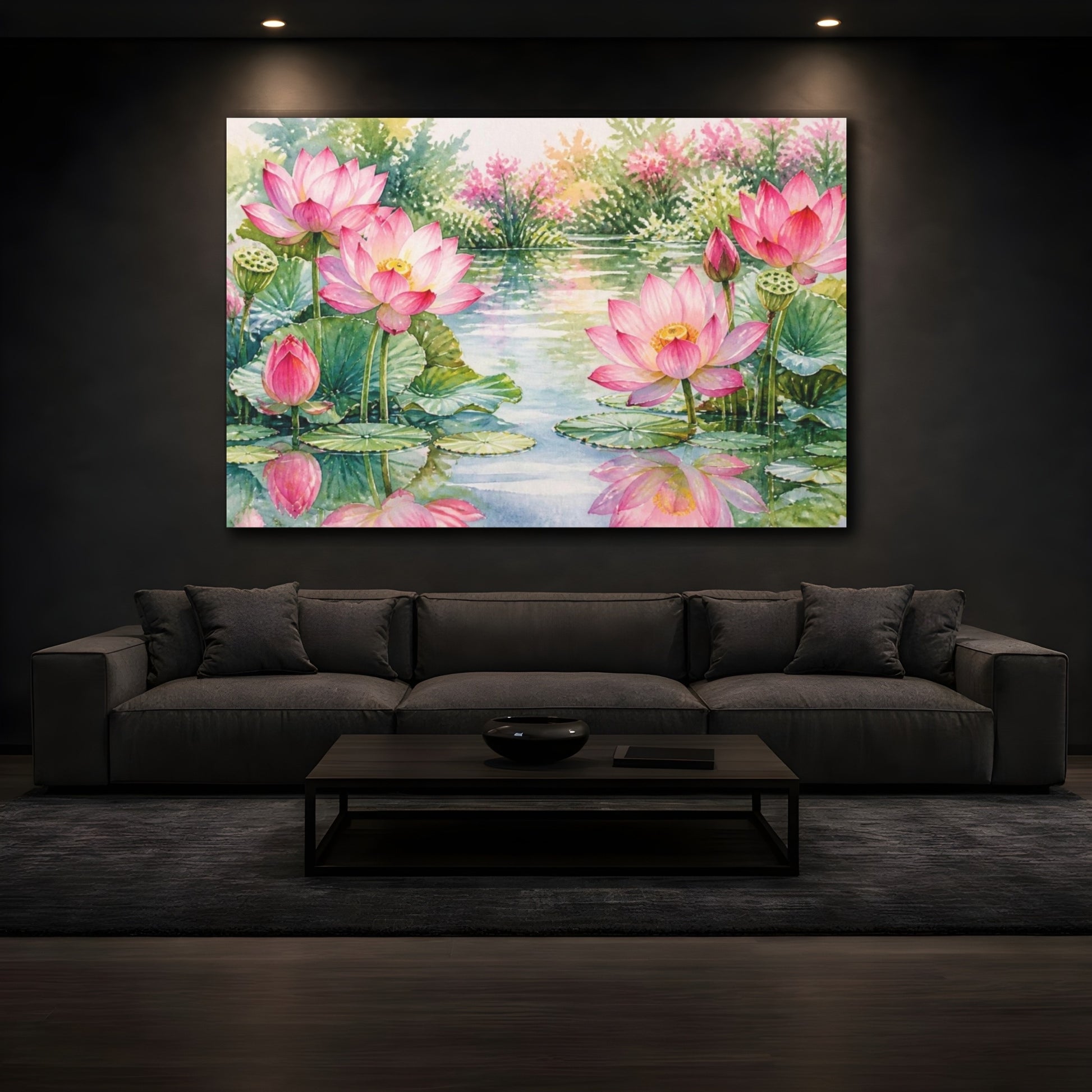 Mockup 3. Floral Pink Lotus Reflection shown as canvas print
