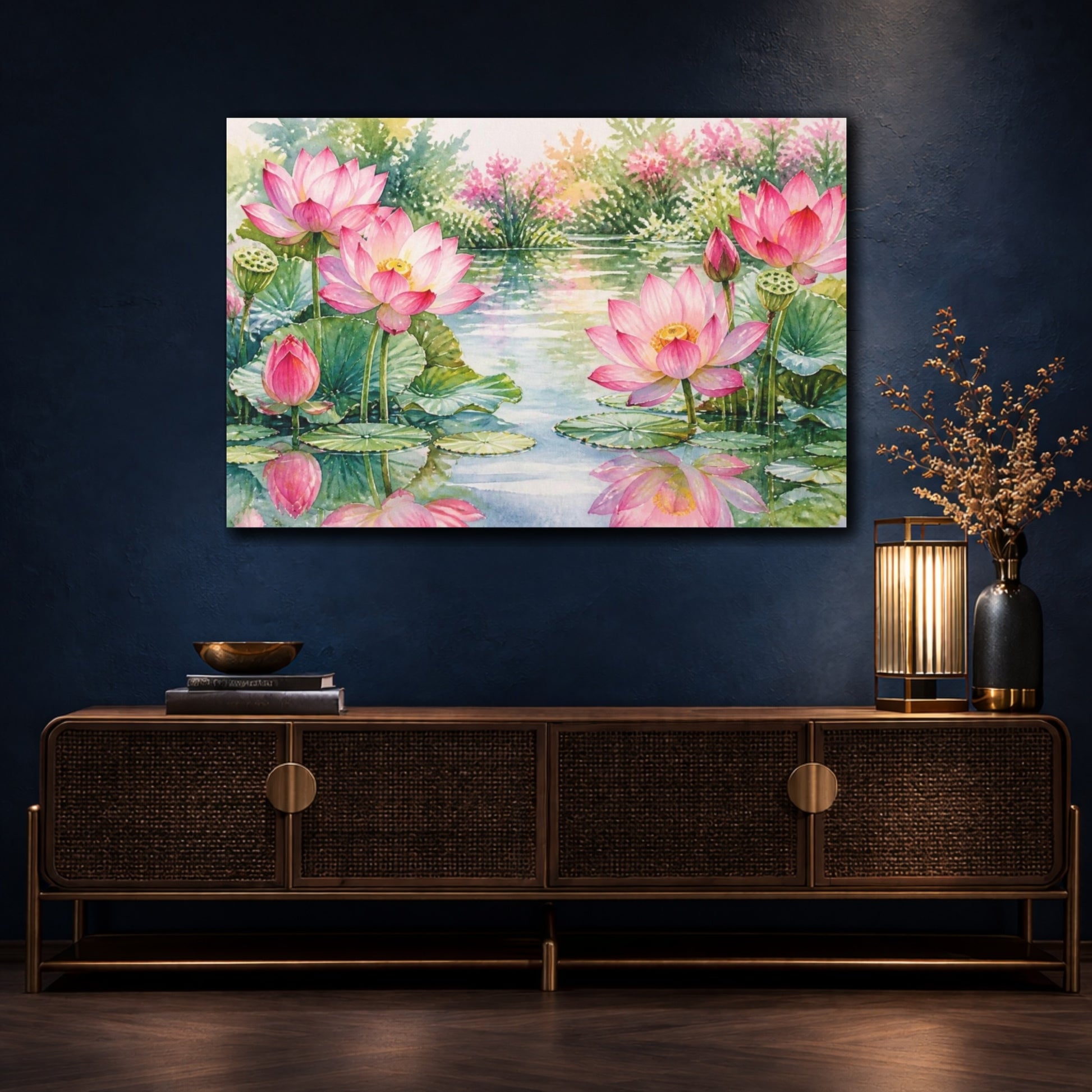 Mockup 4. Floral Pink Lotus Reflection shown as canvas print