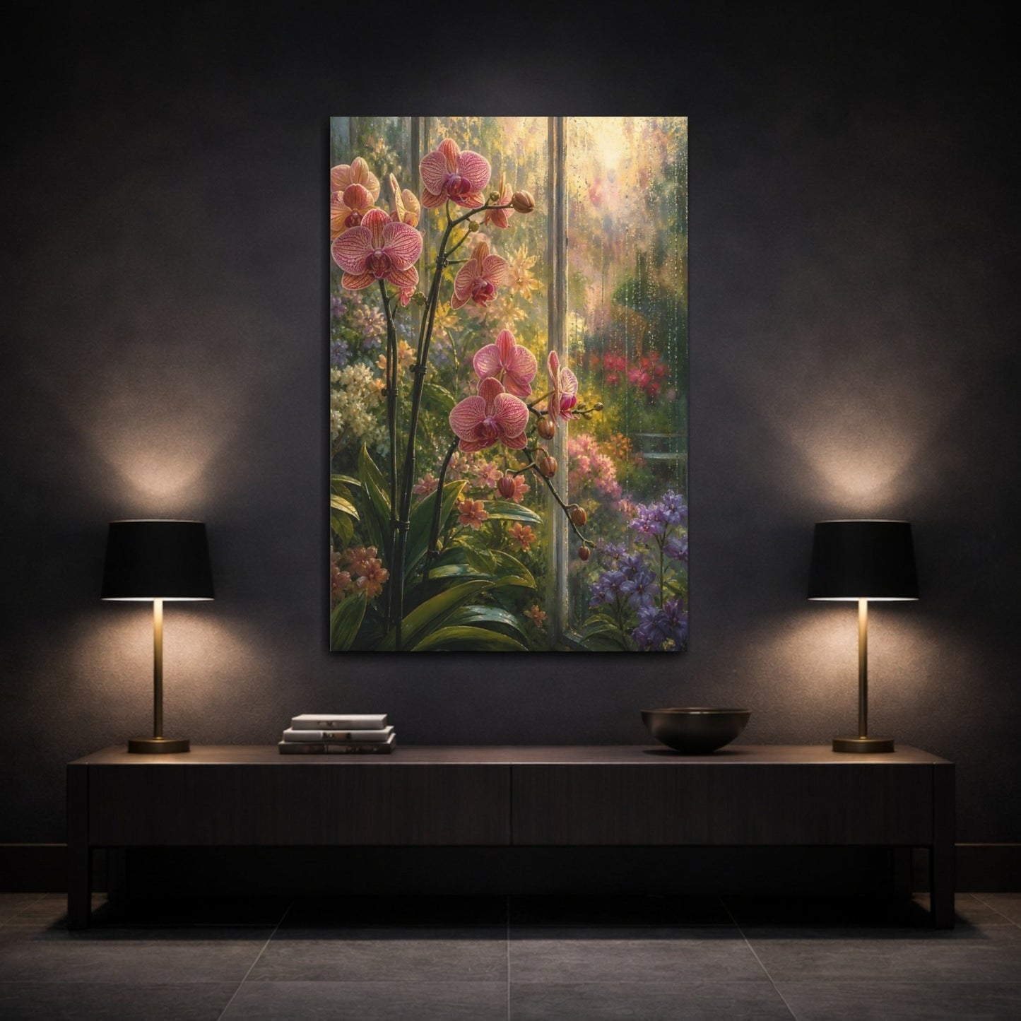 Floral Pink Orchids Garden Canvas Print Wall Art – Impressionistic Living Room, Large - YesArtYes