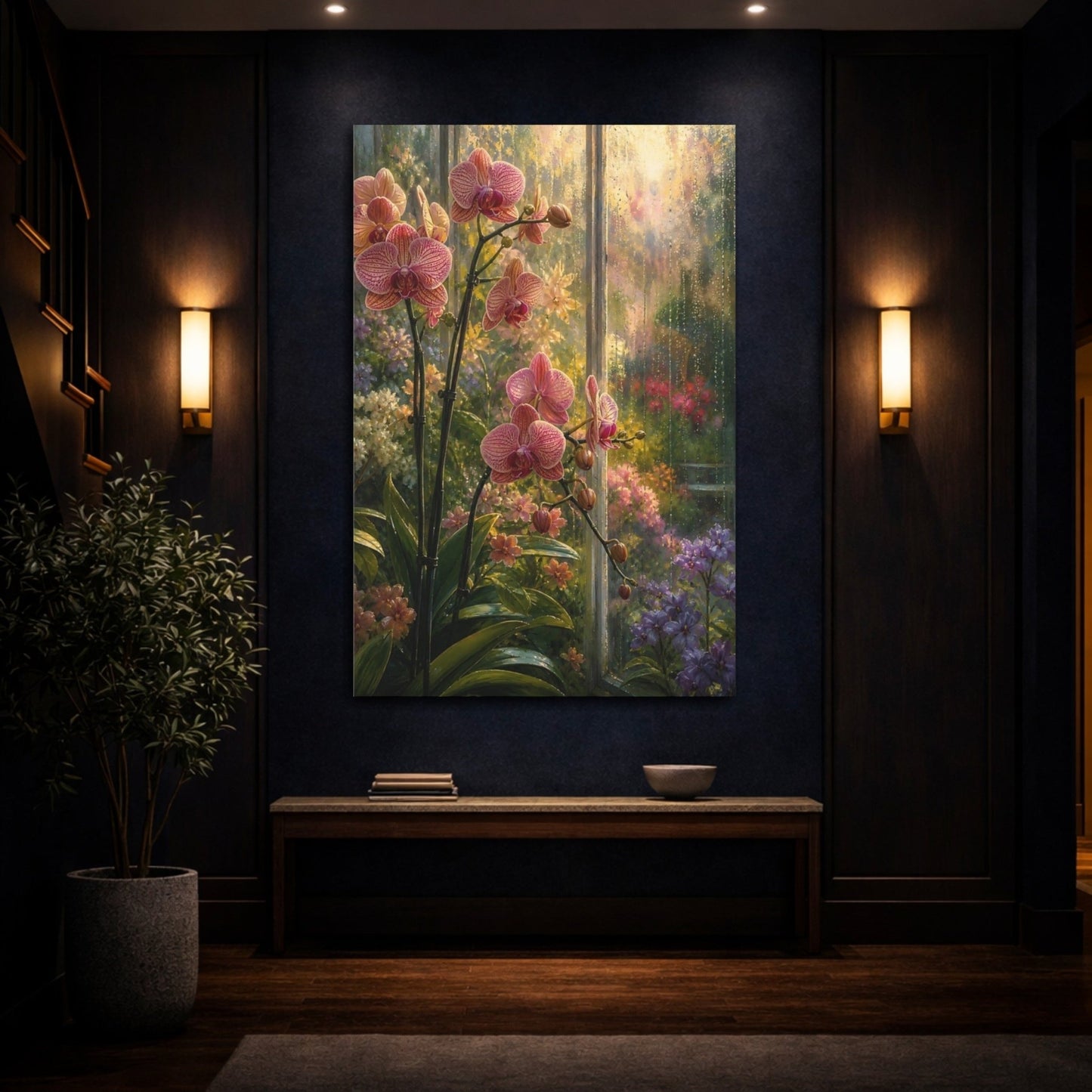 Floral Pink Orchids Garden Canvas Print Wall Art – Impressionistic Living Room, Large - YesArtYes