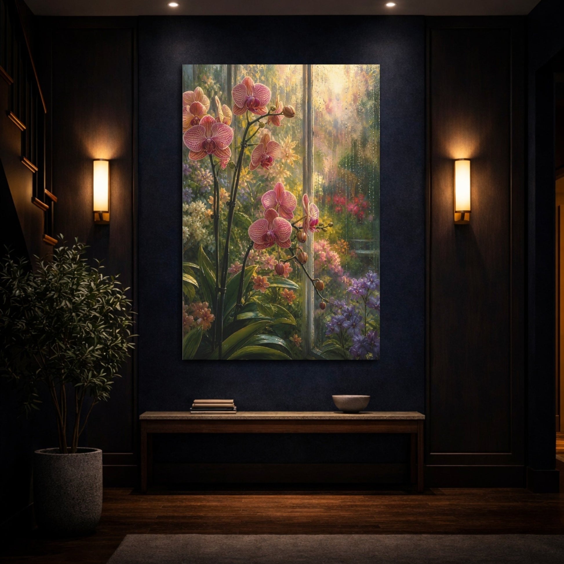 Floral Pink Orchids Garden Canvas Print Wall Art – Impressionistic Living Room, Large - YesArtYes