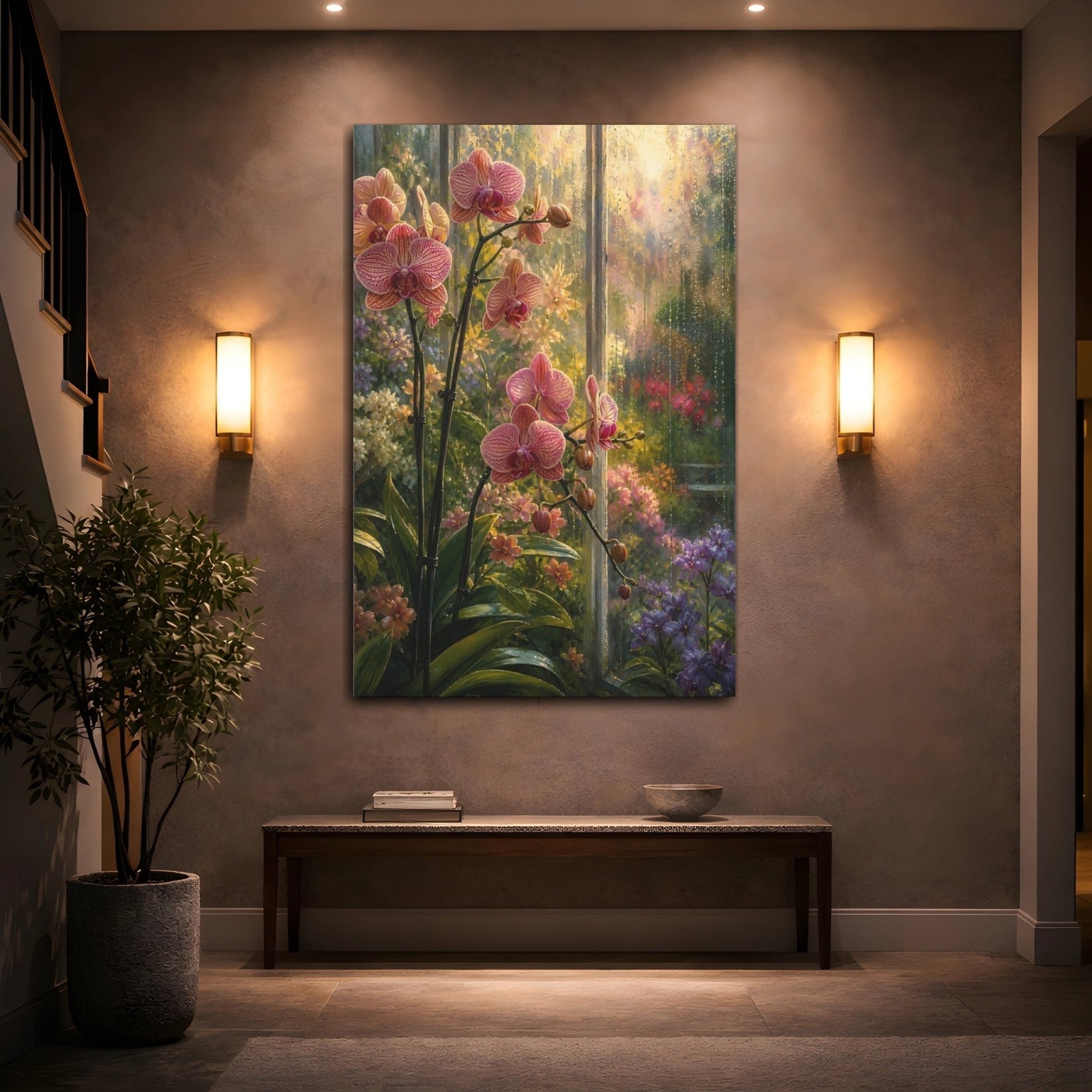 Floral Pink Orchids Garden Canvas Print Wall Art – Impressionistic Living Room, Large - YesArtYes