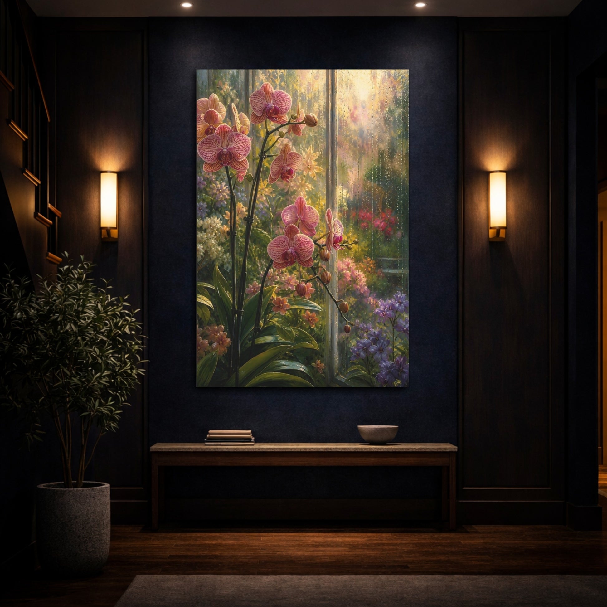 Mockup 4. Floral Pink Orchids Pink Orchid Garden shown as canvas print