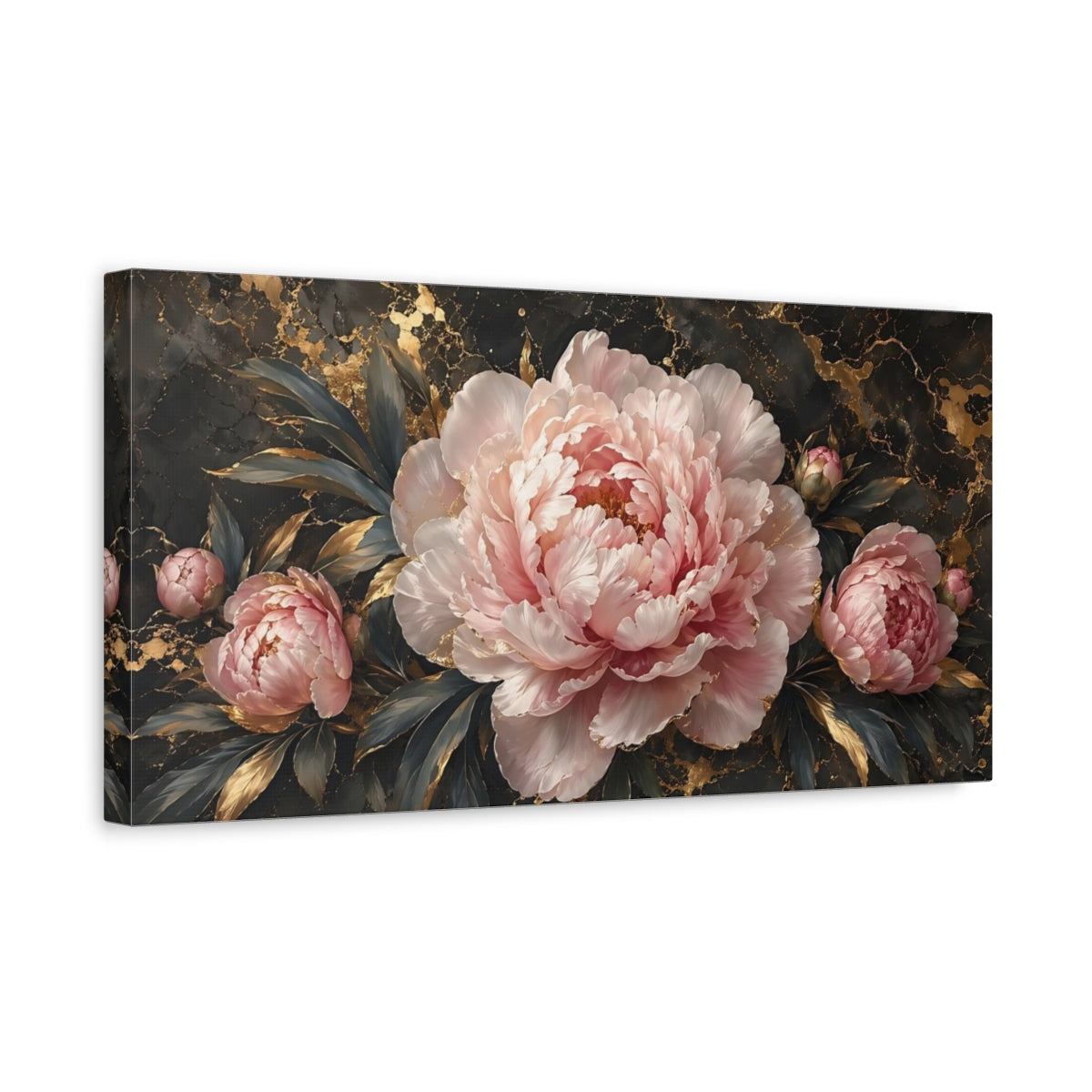 Side Mockup 3. Floral Pink Peonies Pink And Gold shown as stretched canvas wall art