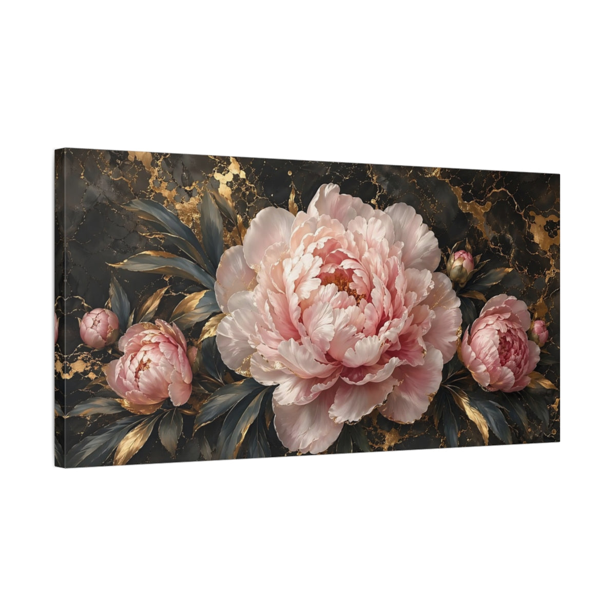 Side Mockup 1. Floral Pink Peonies Pink And Gold shown as stretched canvas wall art