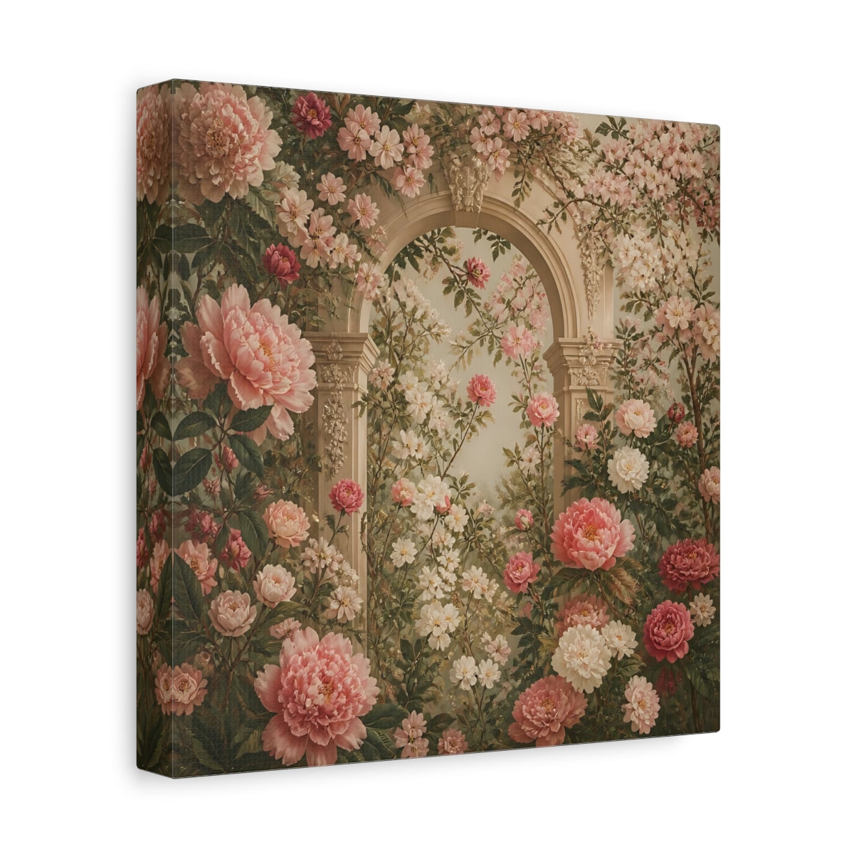Side Mockup 9. Floral Pink Peonies Pink Floral Archway shown as stretched canvas wall art