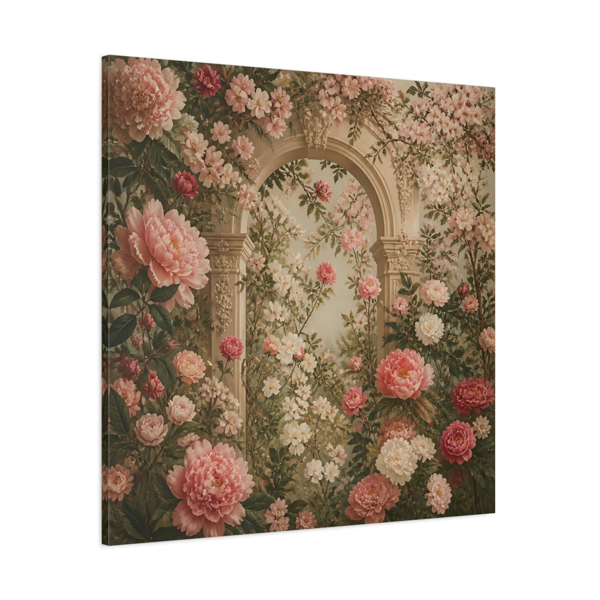 Side Mockup 1. Floral Pink Peonies Pink Floral Archway shown as stretched canvas wall art