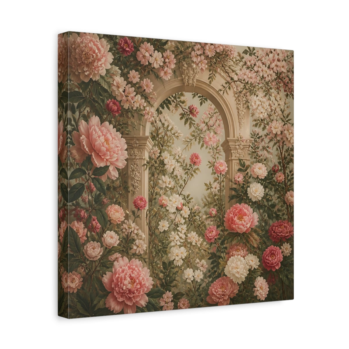 Side Mockup 7. Floral Pink Peonies Pink Floral Archway shown as stretched canvas wall art
