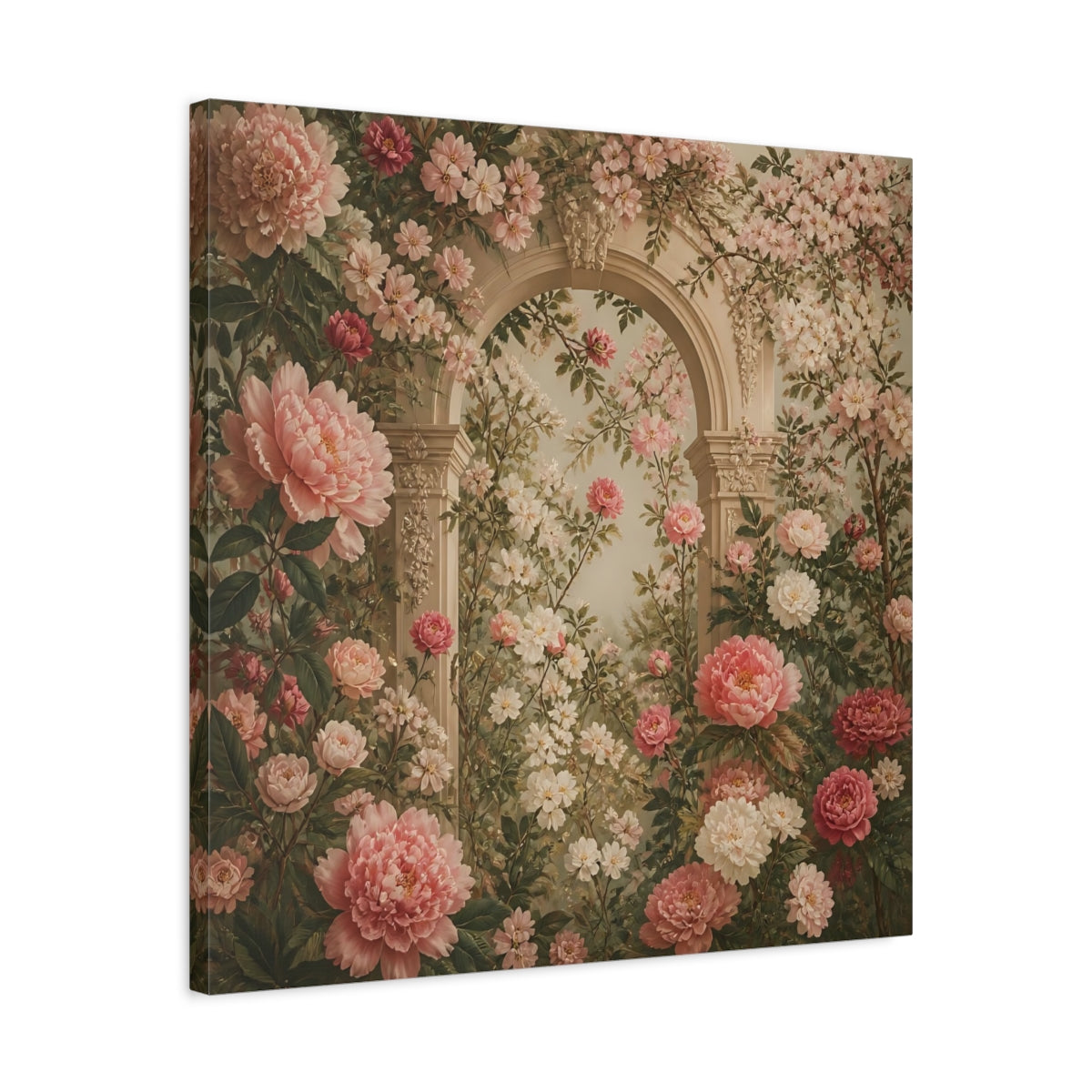 Side Mockup 4. Floral Pink Peonies Pink Floral Archway shown as stretched canvas wall art