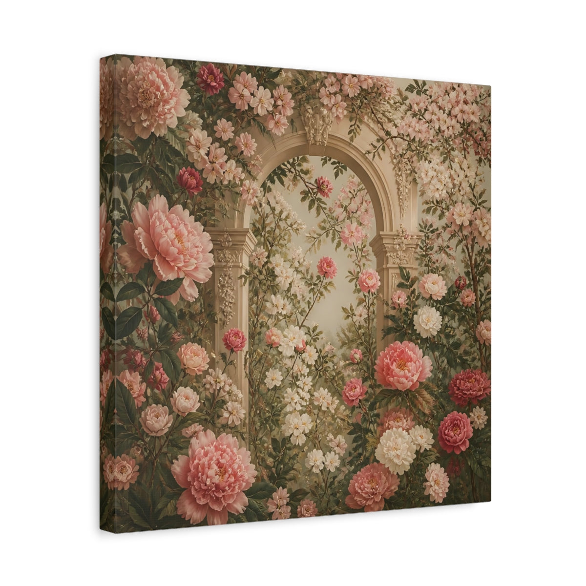 Side Mockup 6. Floral Pink Peonies Pink Floral Archway shown as stretched canvas wall art