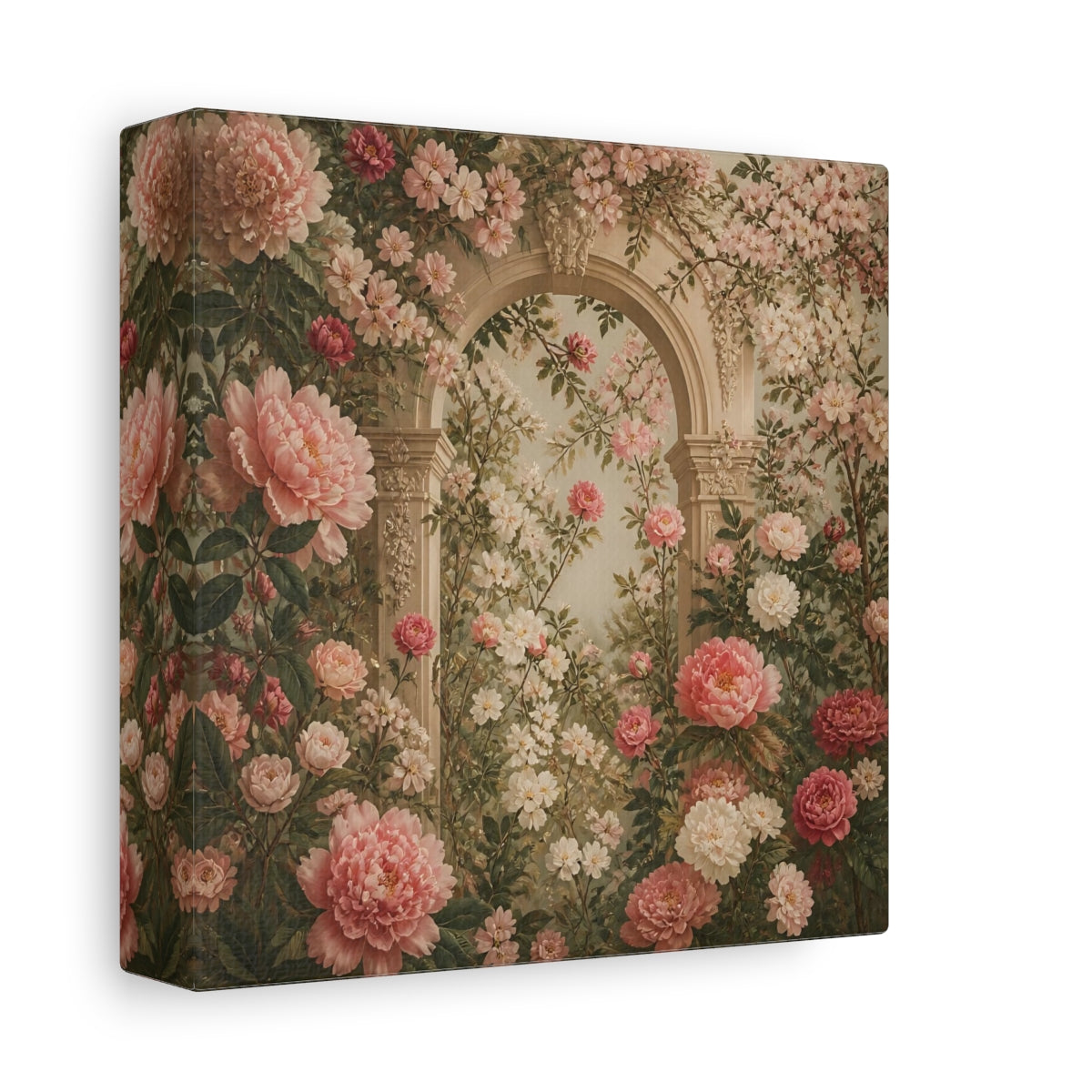 Side Mockup 2. Floral Pink Peonies Pink Floral Archway shown as stretched canvas wall art