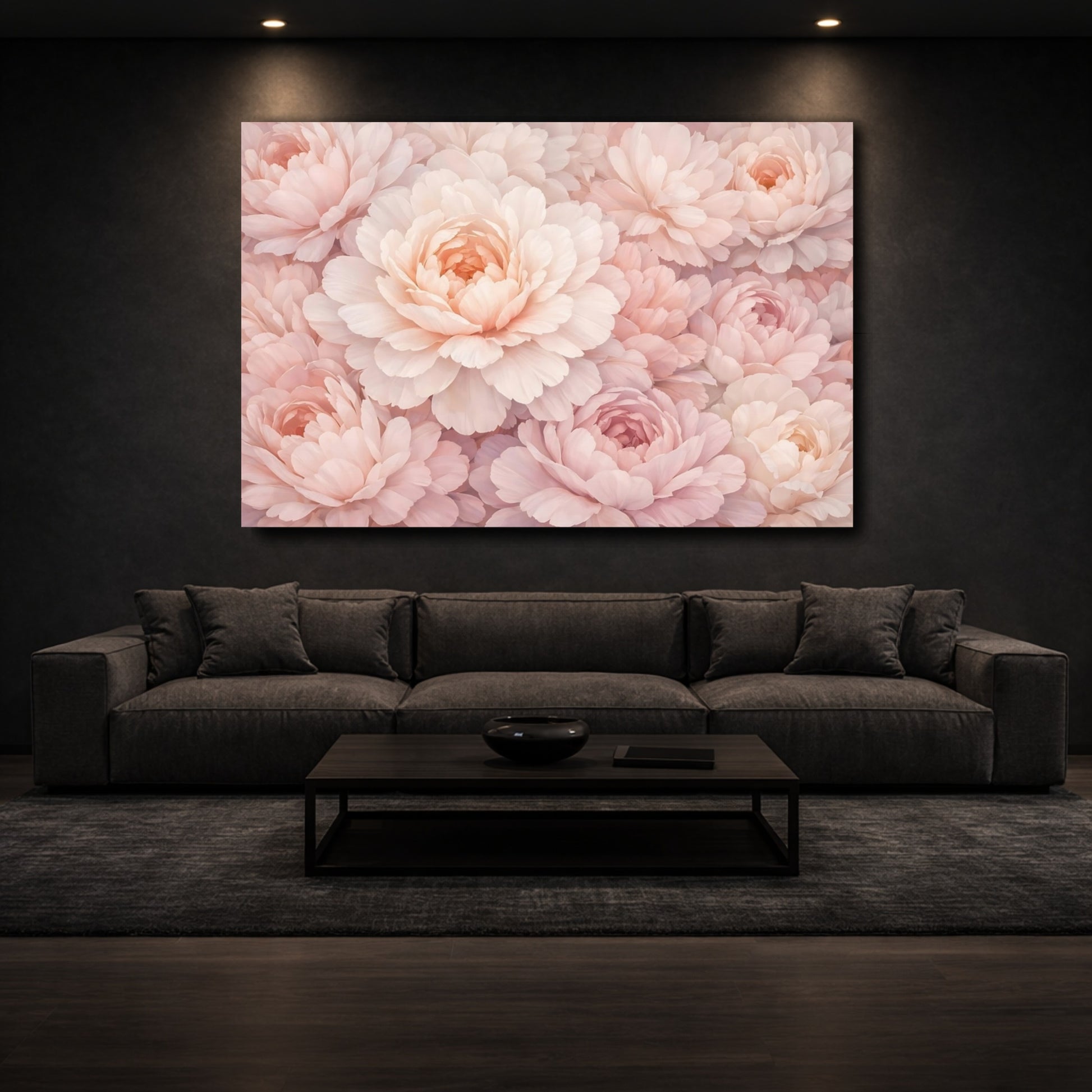 Mockup 2. Floral Pink Peonies Blush Pink shown as stretched canvas wall art