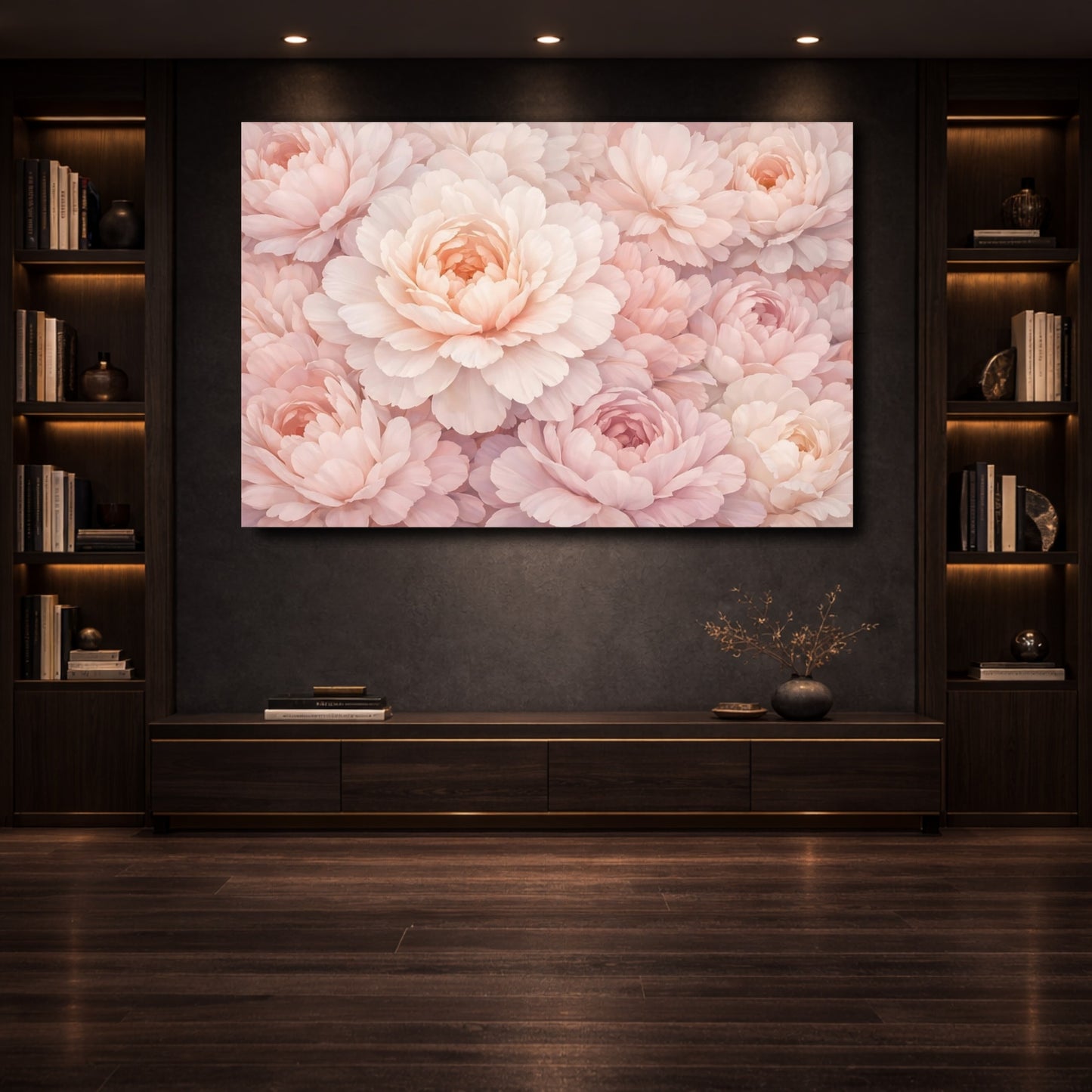 Mockup 3. Floral Pink Peonies Blush Pink shown as stretched canvas wall art