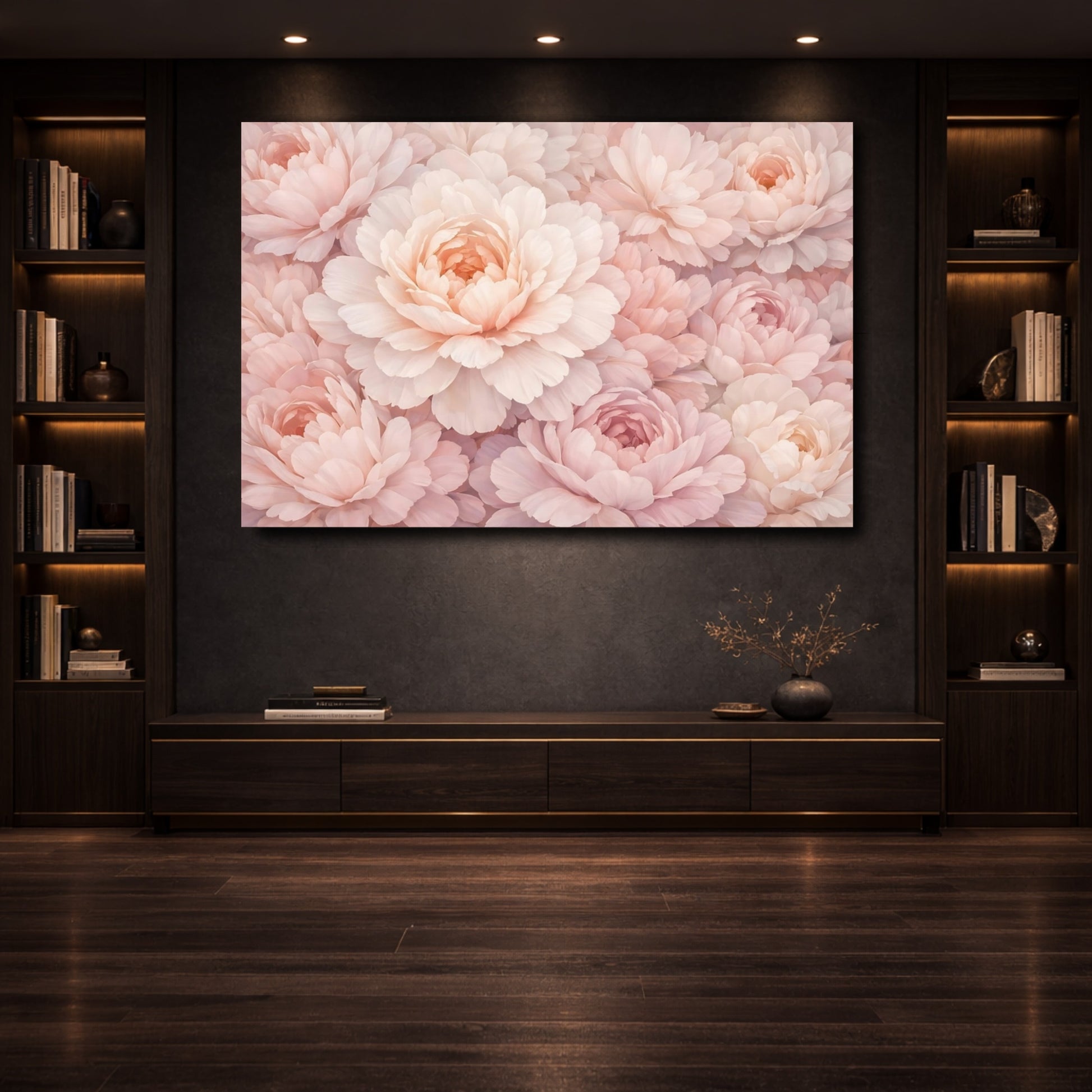 Mockup 3. Floral Pink Peonies Blush Pink shown as stretched canvas wall art