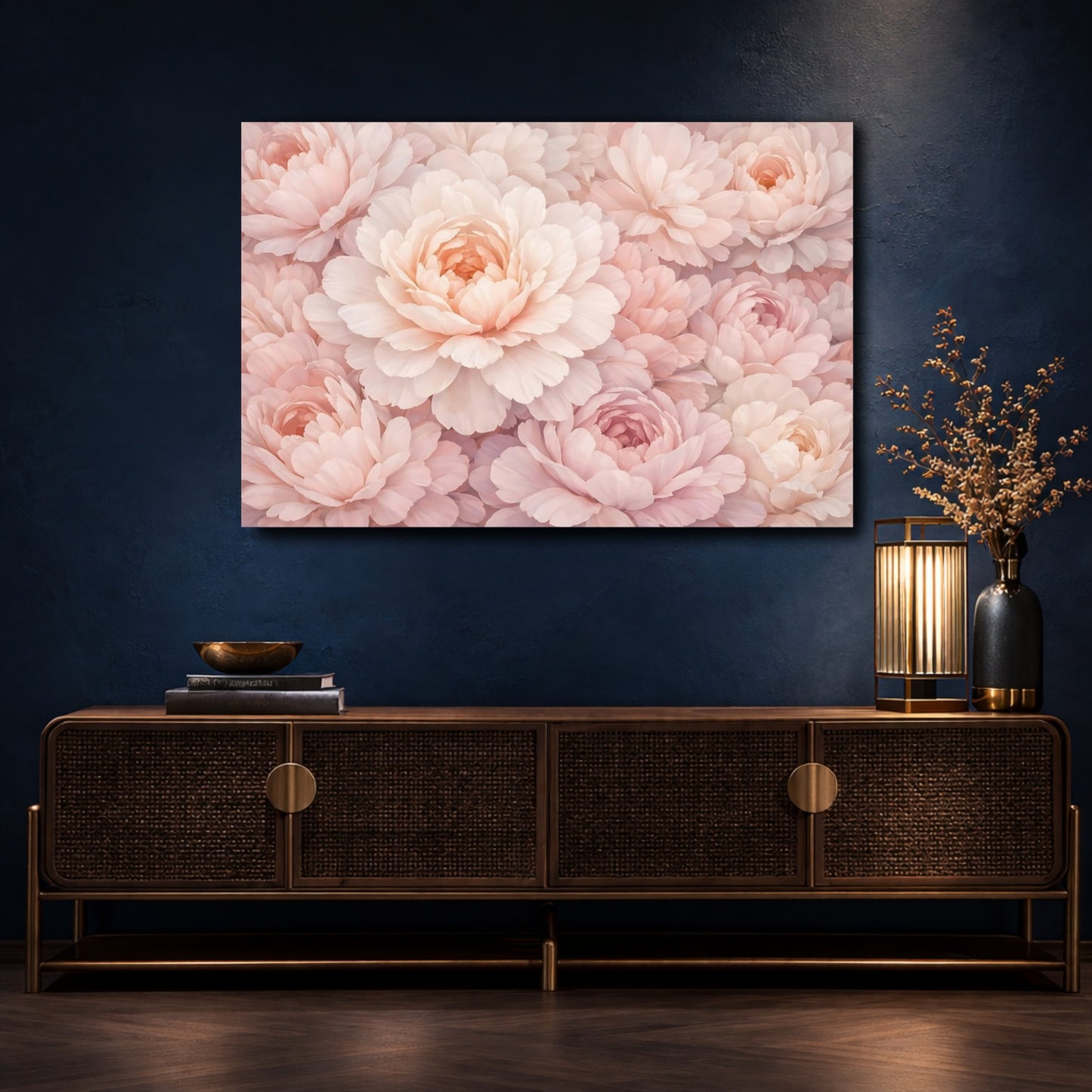Mockup 4. Floral Pink Peonies Blush Pink shown as stretched canvas wall art