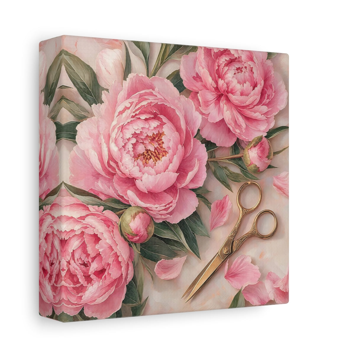 Side Mockup 2. Floral Pink Peonies Pink Peony Floral shown as stretched canvas wall art