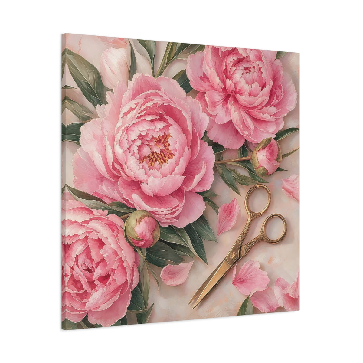 Side Mockup 1. Floral Pink Peonies Pink Peony Floral shown as stretched canvas wall art