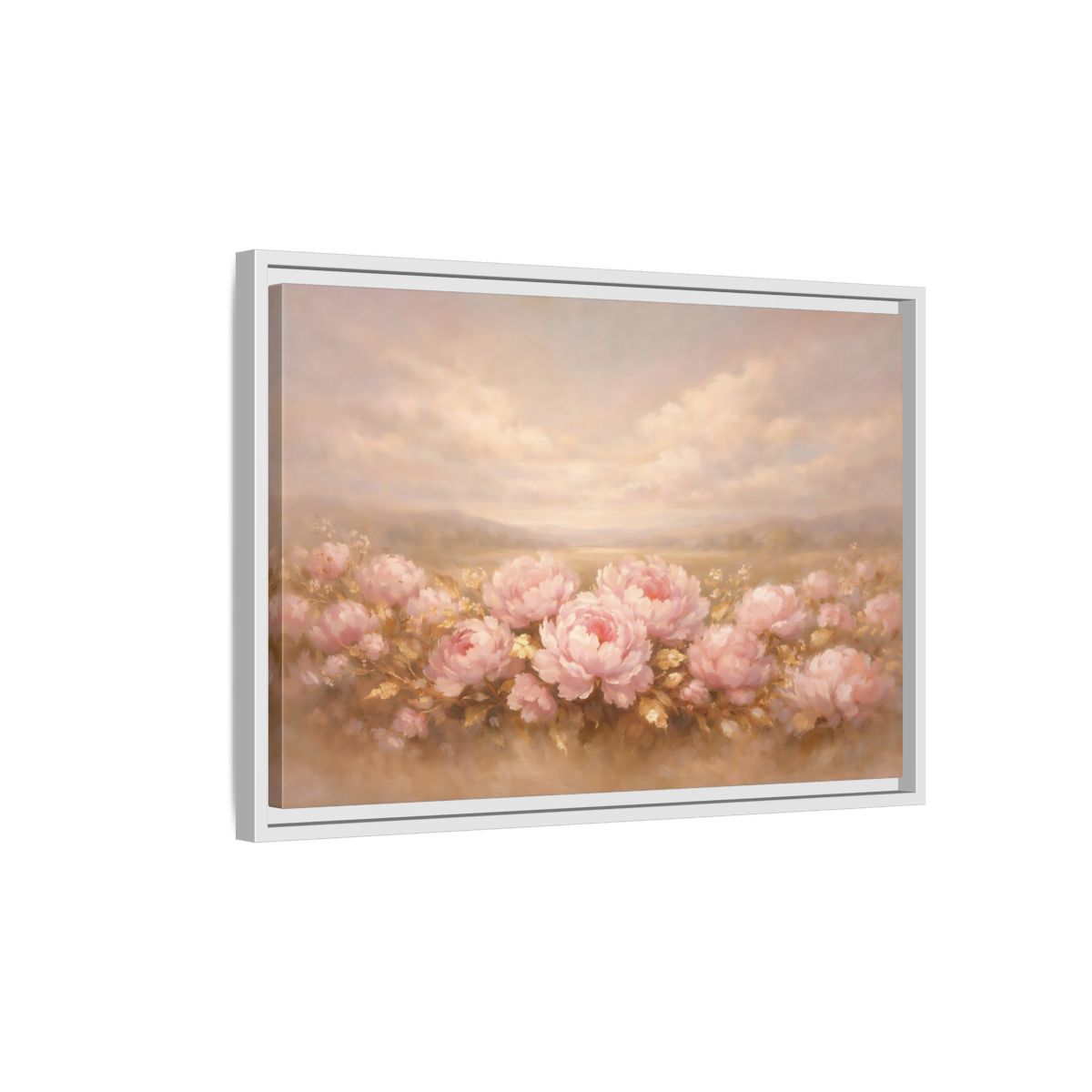 Side Mockup 1. Floral Pink Peonies Pink Peonies Landscape shown as stretched canvas wall art