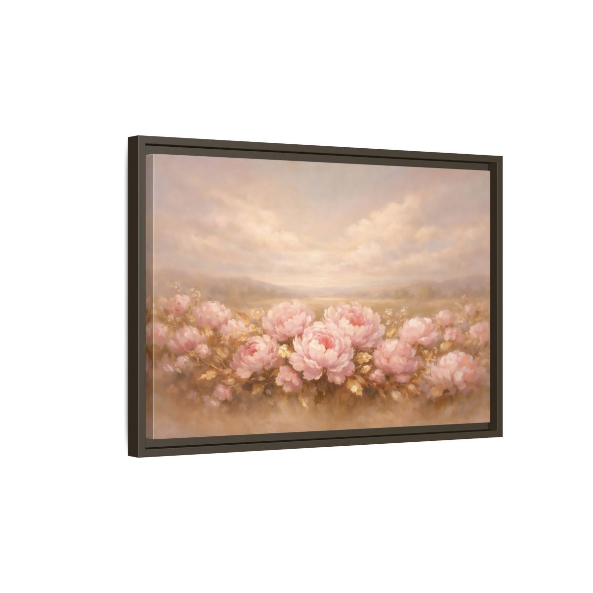Side Mockup 2. Floral Pink Peonies Pink Peonies Landscape shown as stretched canvas wall art