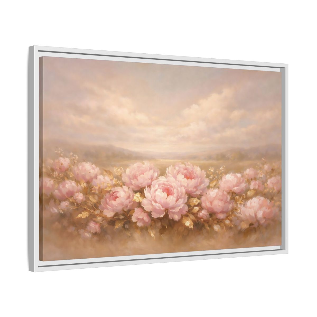 Side Mockup 10. Floral Pink Peonies Pink Peonies Landscape shown as stretched canvas wall art
