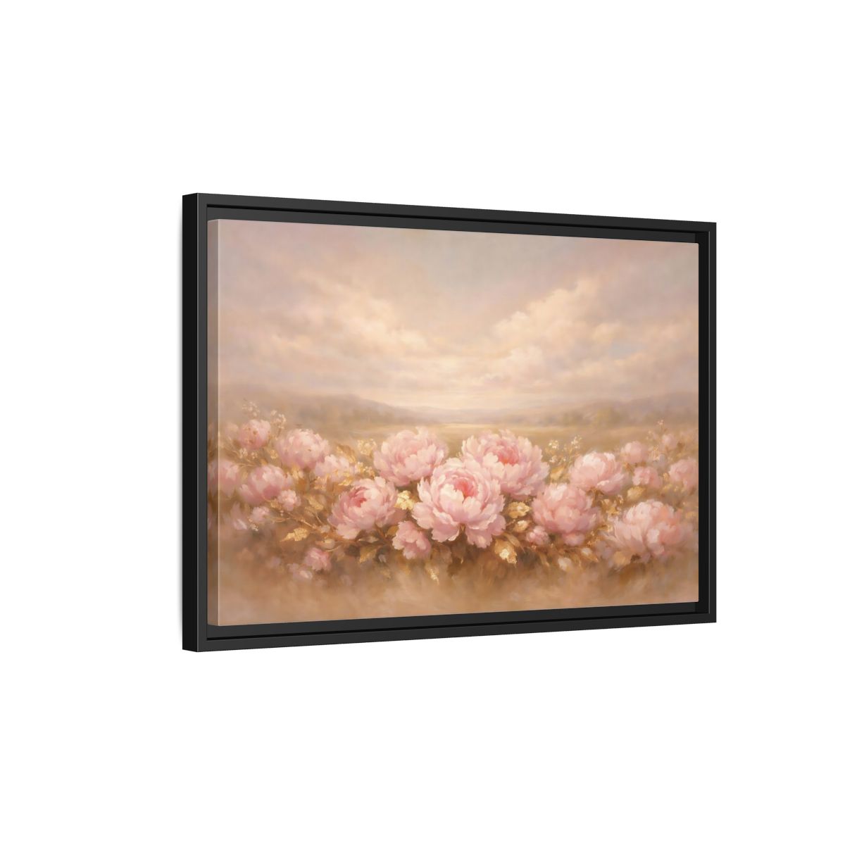 Side Mockup 3. Floral Pink Peonies Pink Peonies Landscape shown as stretched canvas wall art