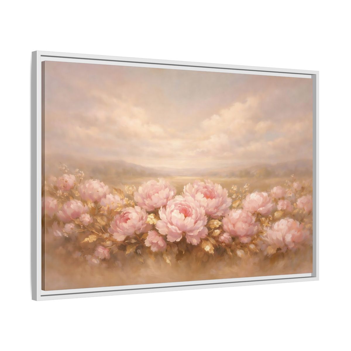 Side Mockup 8. Floral Pink Peonies Pink Peonies Landscape shown as stretched canvas wall art