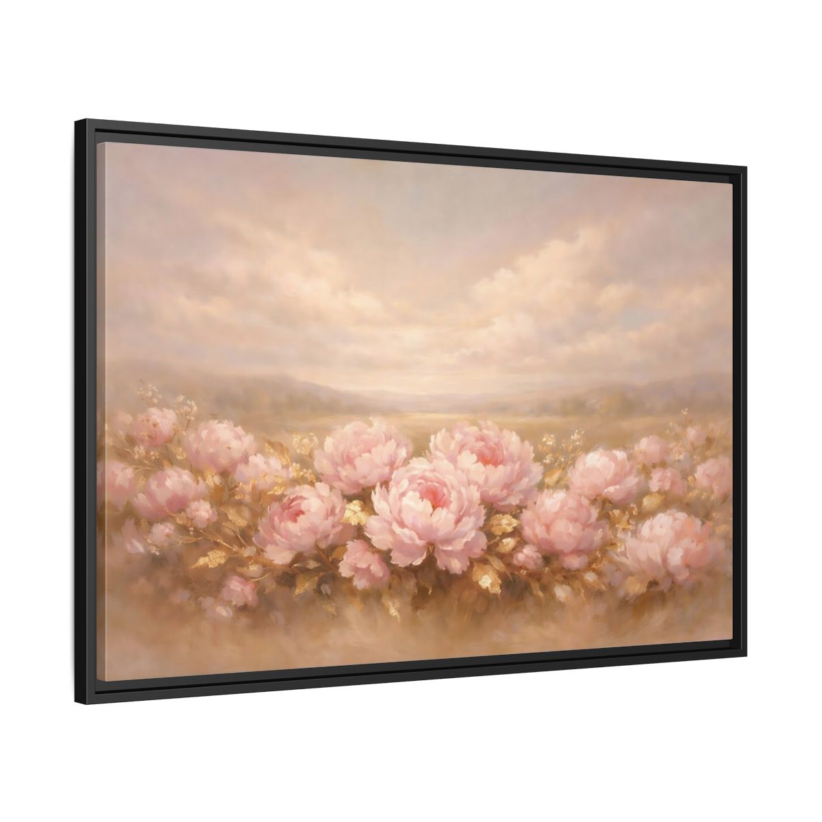 Side Mockup 13. Floral Pink Peonies Pink Peonies Landscape shown as stretched canvas wall art
