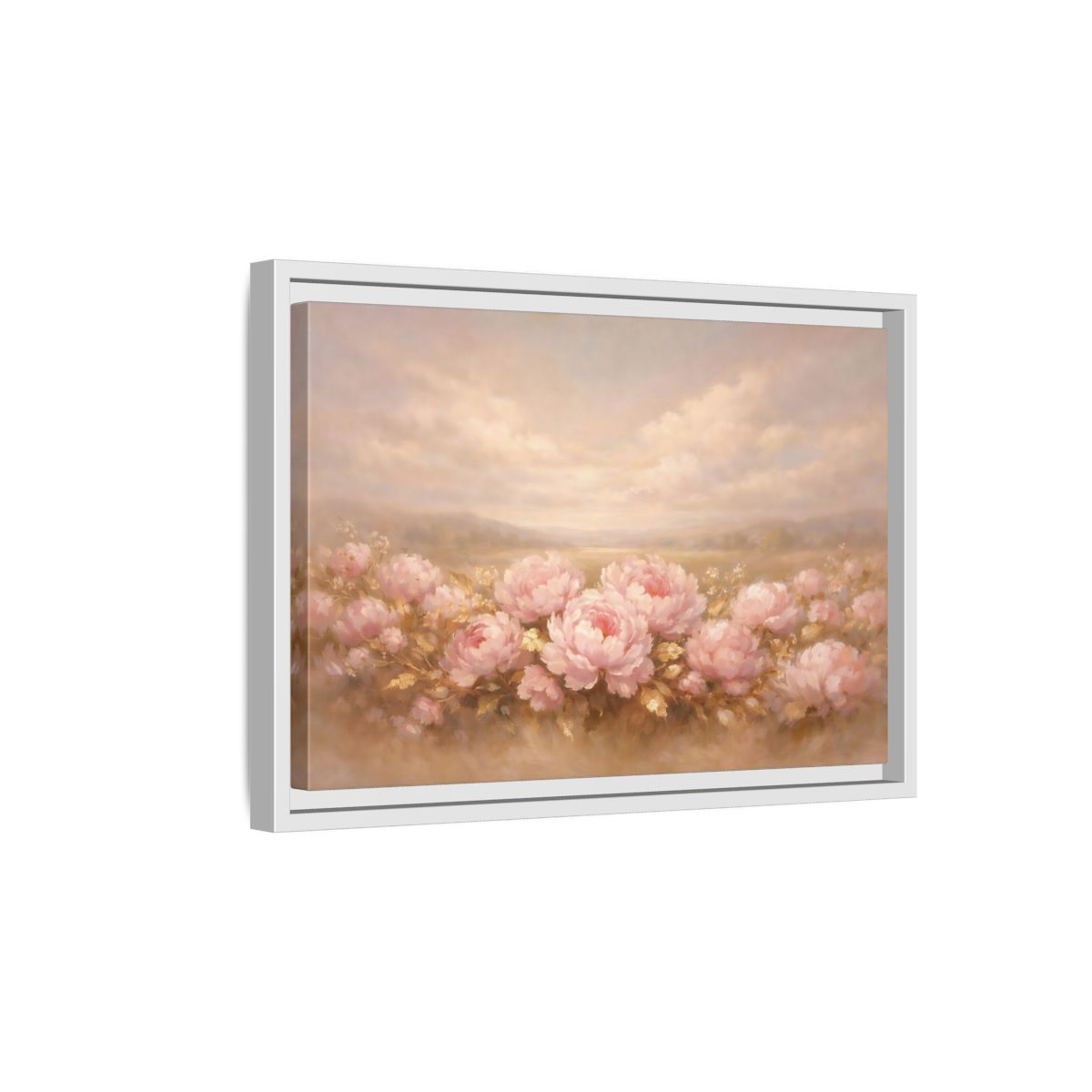 Side Mockup 4. Floral Pink Peonies Pink Peonies Landscape shown as stretched canvas wall art