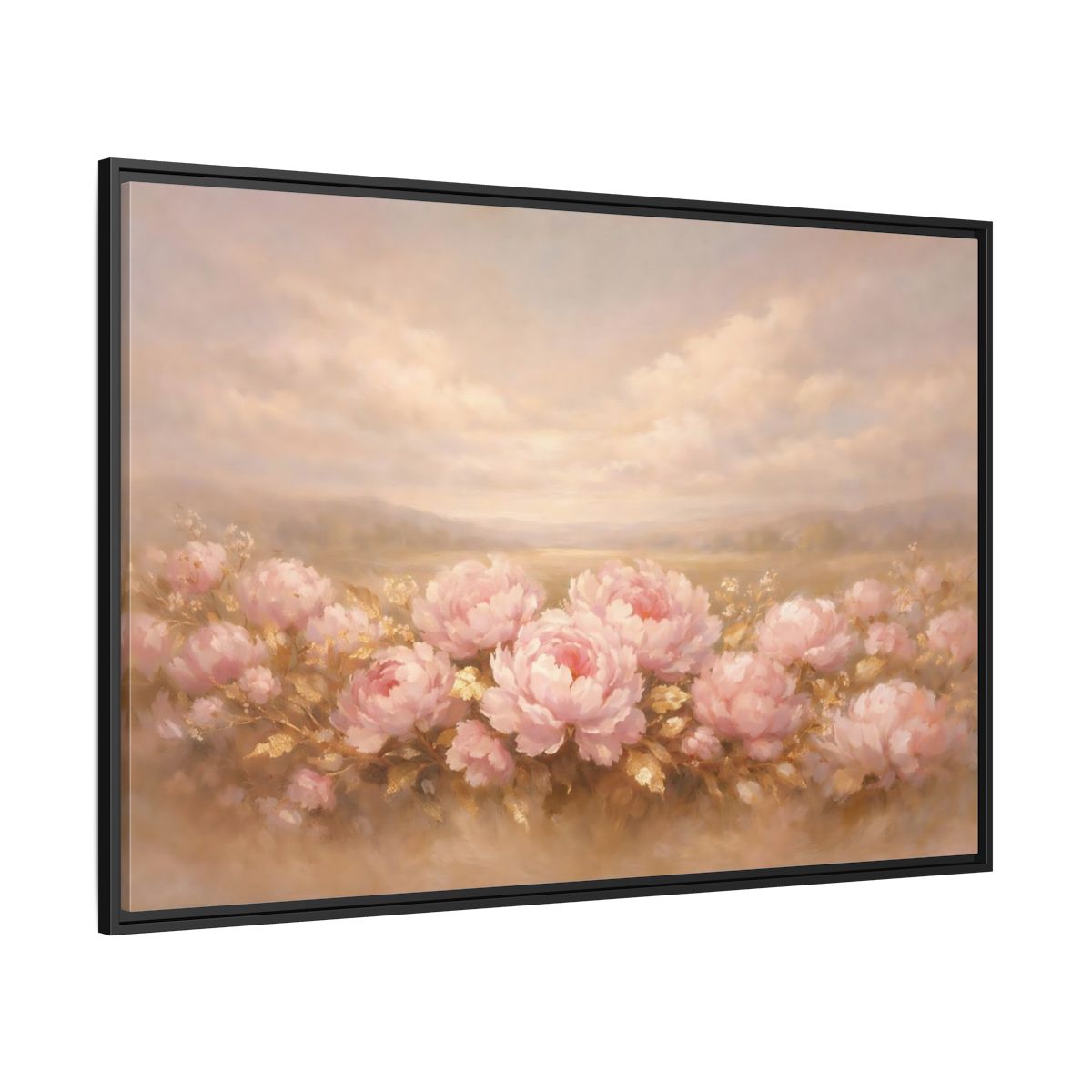 Side Mockup 12. Floral Pink Peonies Pink Peonies Landscape shown as stretched canvas wall art