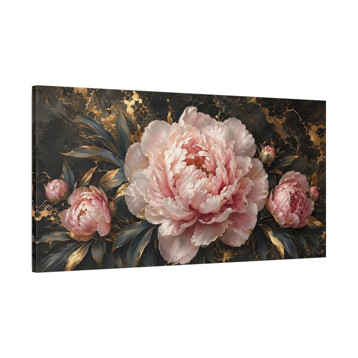 Main Mockup. Floral Pink Peonies Pink And Gold shown as stretched canvas wall art