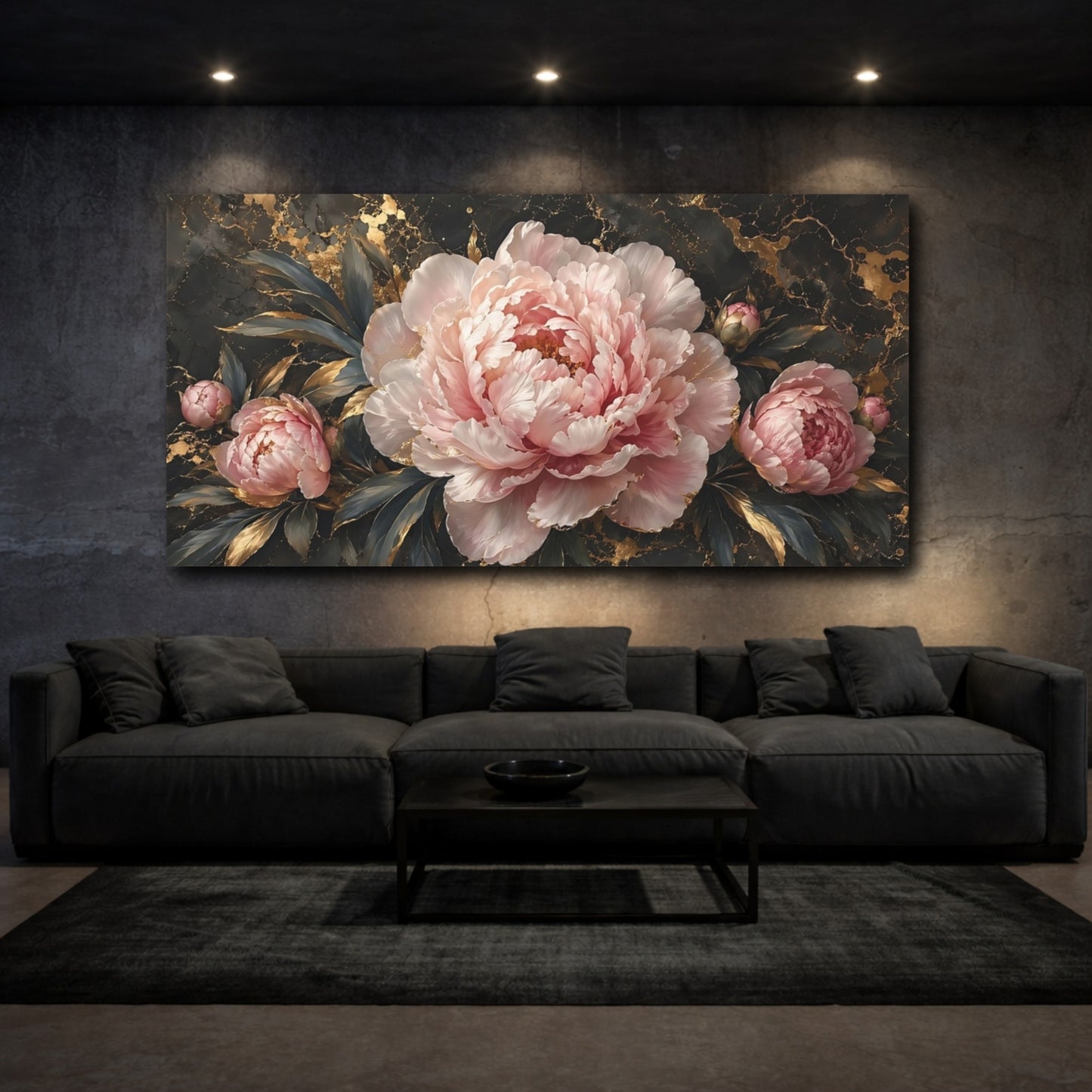 Mockup 2. Floral Pink Peonies Pink And Gold shown as stretched canvas wall art