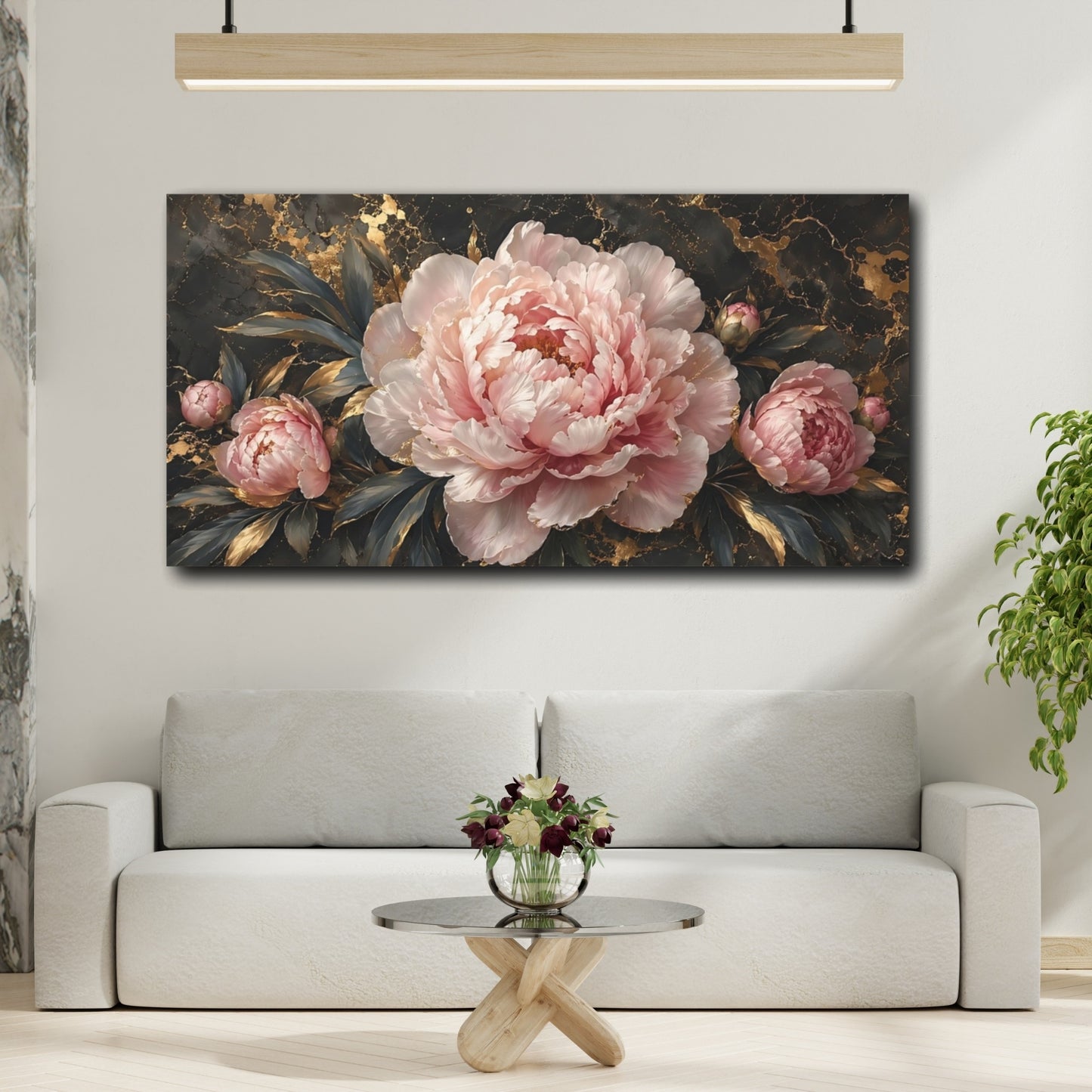 Mockup 3. Floral Pink Peonies Pink And Gold shown as stretched canvas wall art